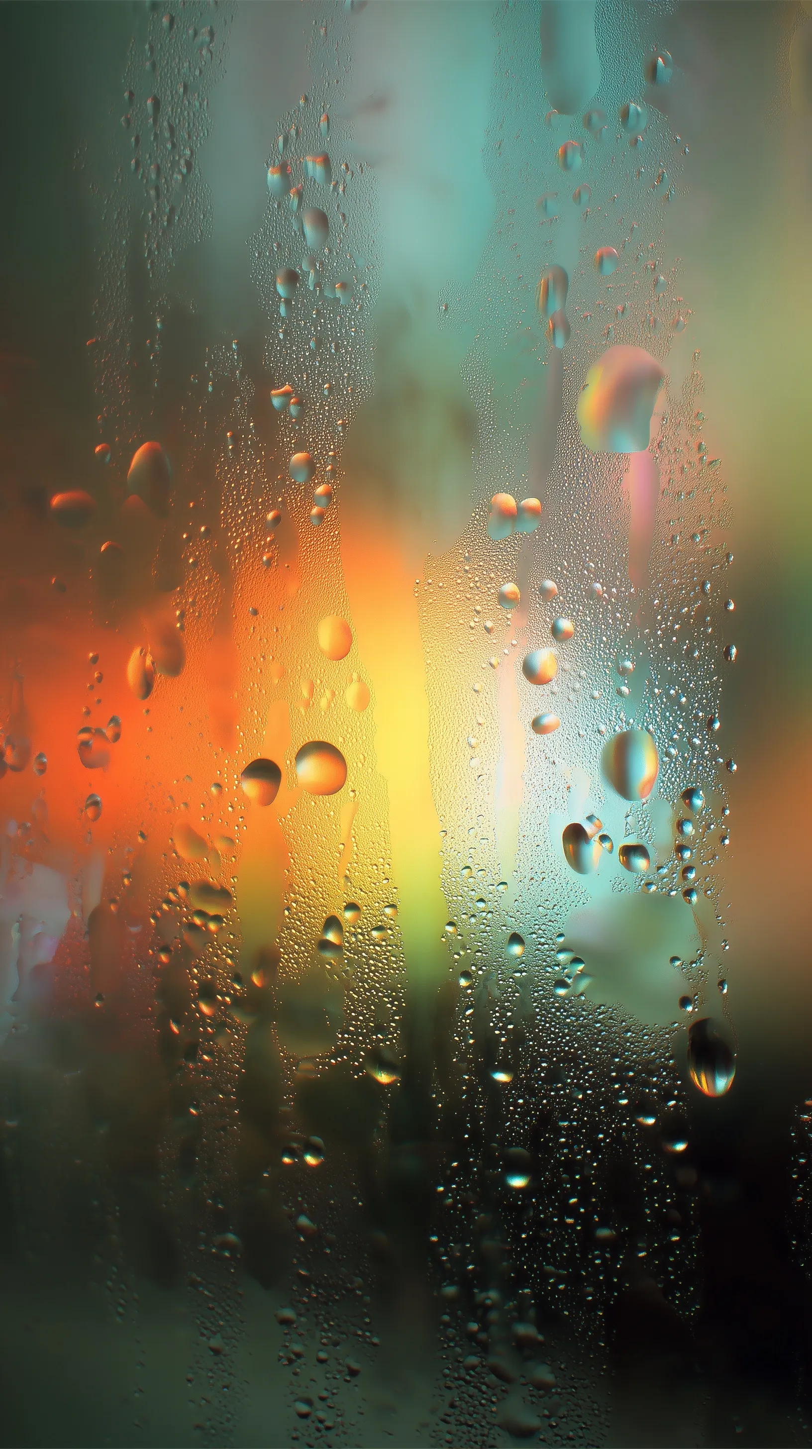 Abstract rainbow light refracting through water droplets and mist on a steamed glass mirror surface.