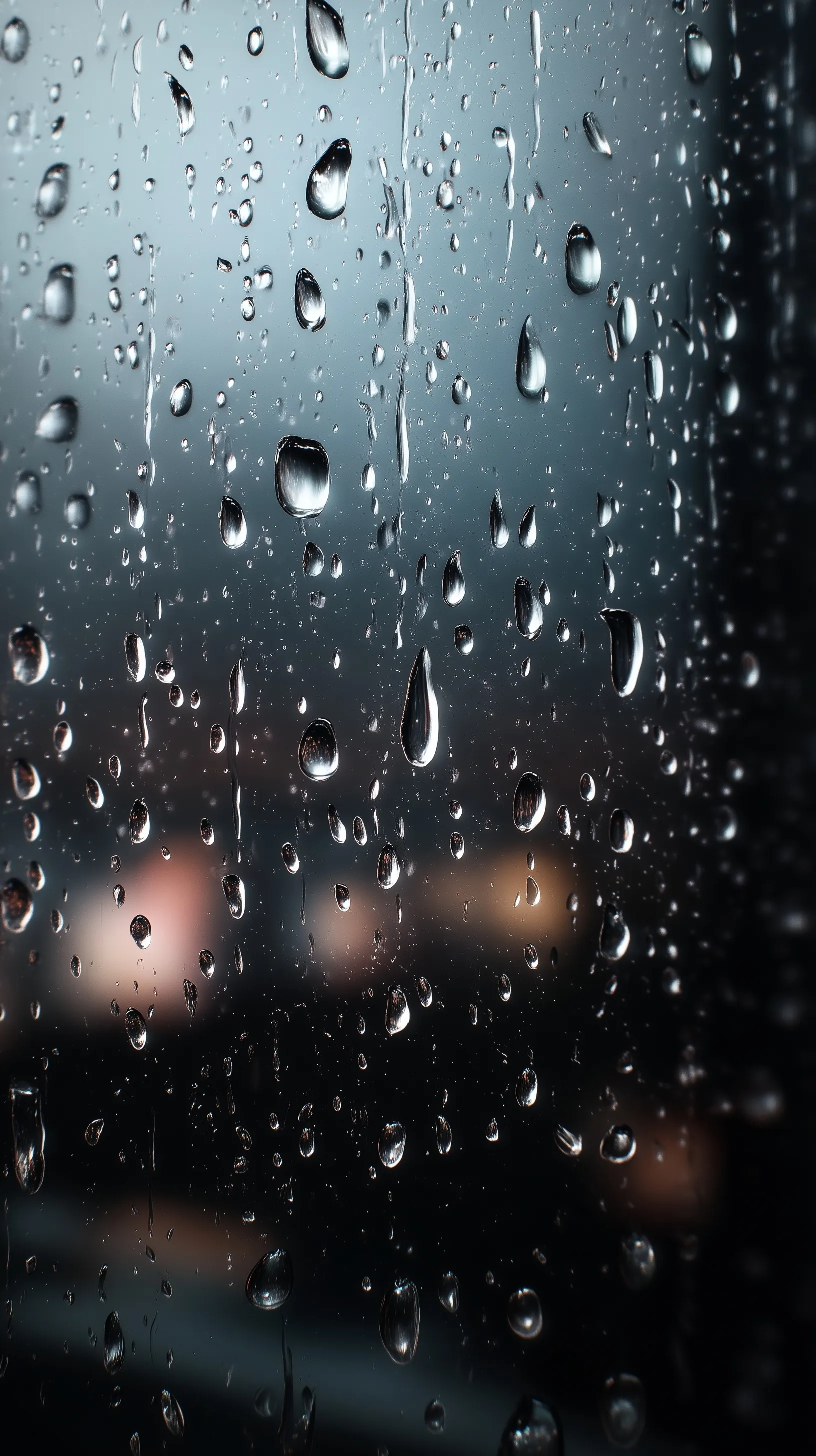 Close-up of soft raindrops sliding down a glass window against a dark, moody, and minimalistic blurred background.