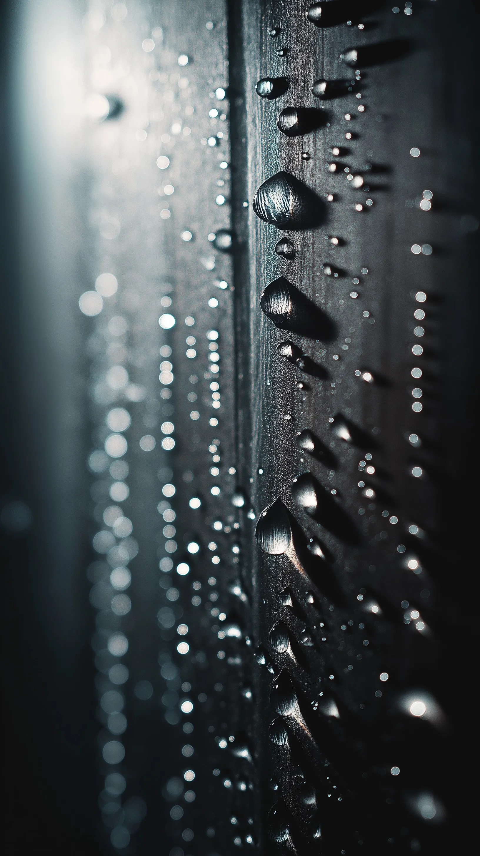 Moody vertical water droplets on dark glass with cinematic side lighting and textured reflections.