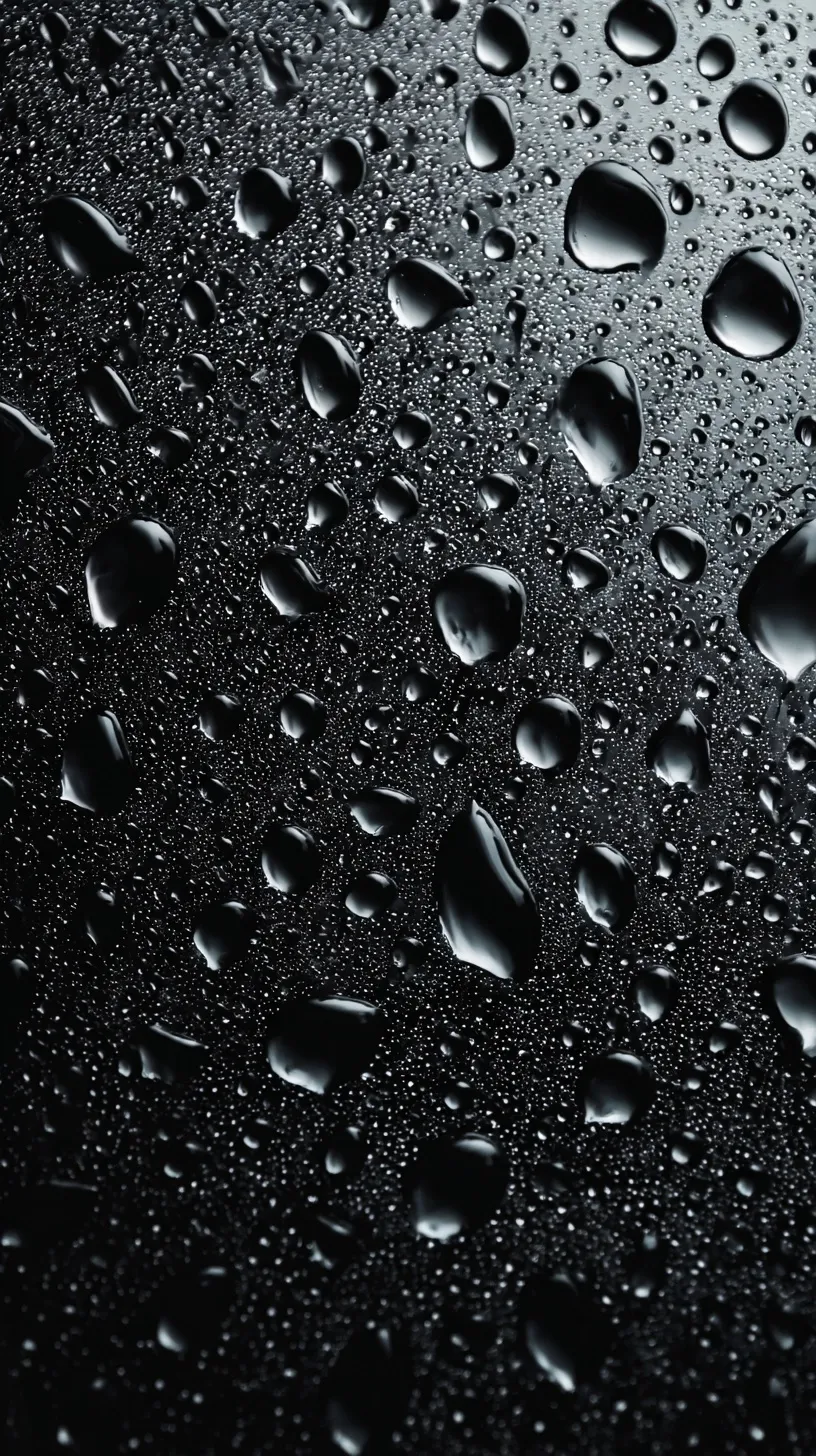 High-resolution macro shot of clear water droplets on a black glass surface with high-contrast, moody texture.