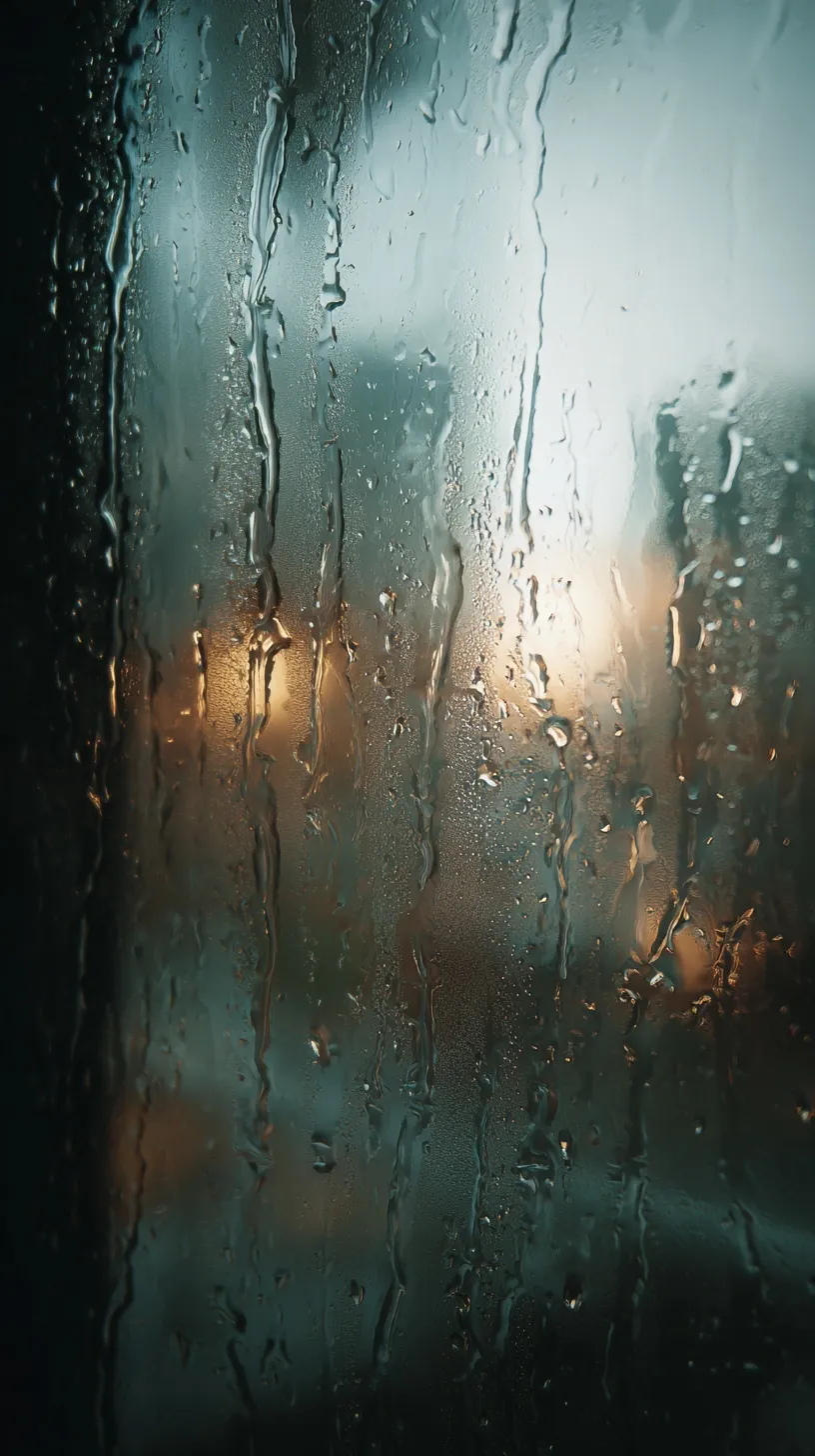 Close-up of raindrops on a windowpane with a blurred urban background, capturing cinematic, moody, and ethereal light.