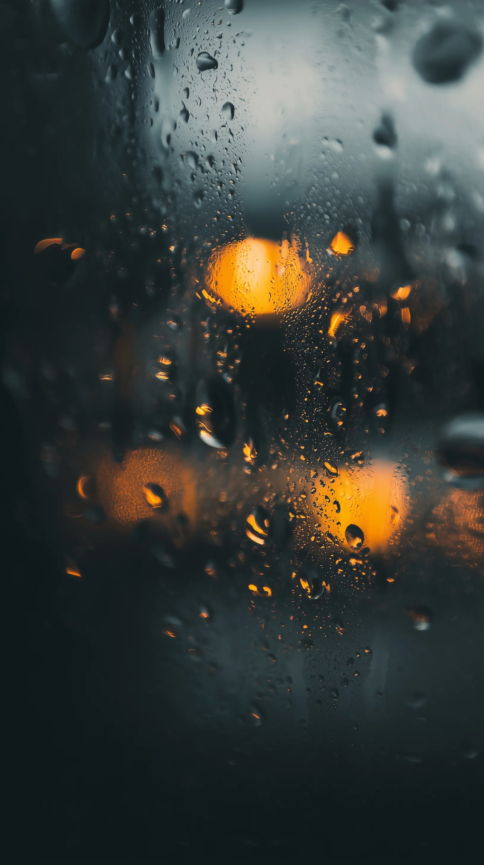 Raindrop on dark blurred glass with subtle light leaks and orange highlights, elegant industrial aesthetic.