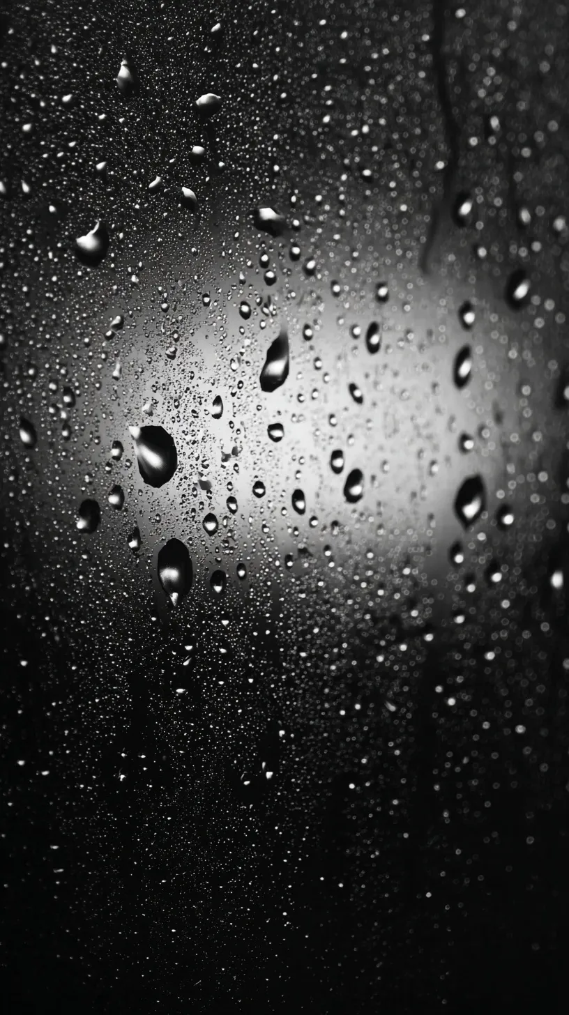 Macro shot of water condensation and droplets on glass against a dark black background, high-contrast abstract.