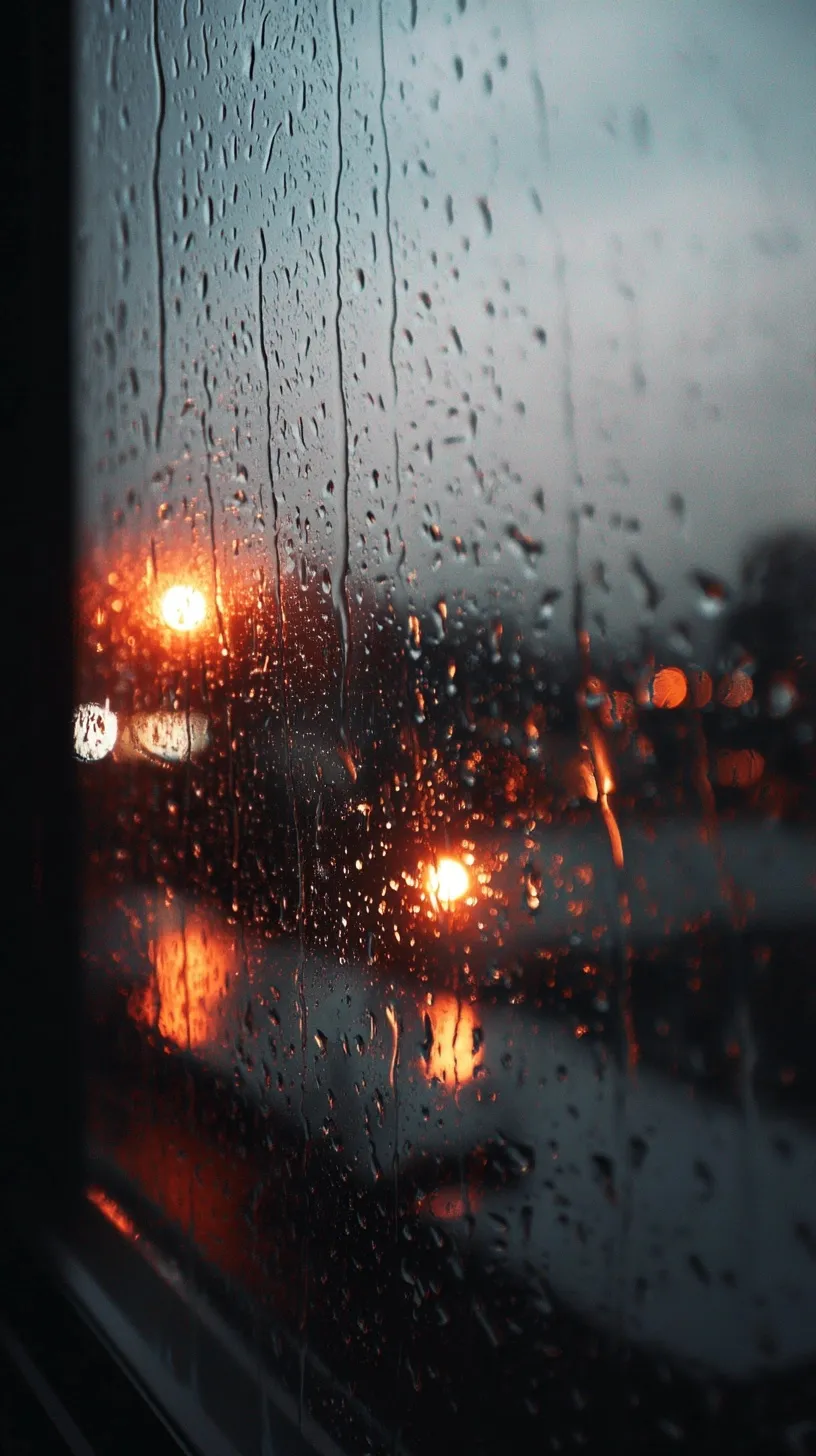 Cinematic close-up of raindrops streaking across a glass window during a moody, melancholy dusk.