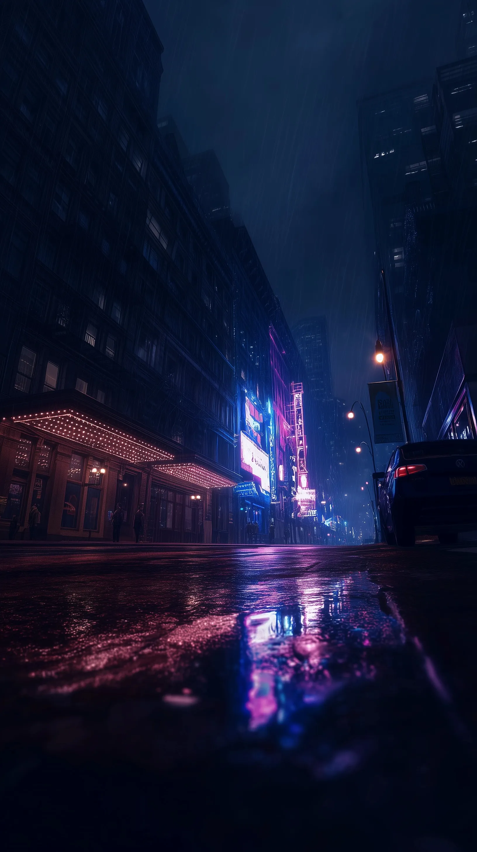 Rainy New York City street with blue and purple neon reflections on wet pavement at dusk, cinematic style.