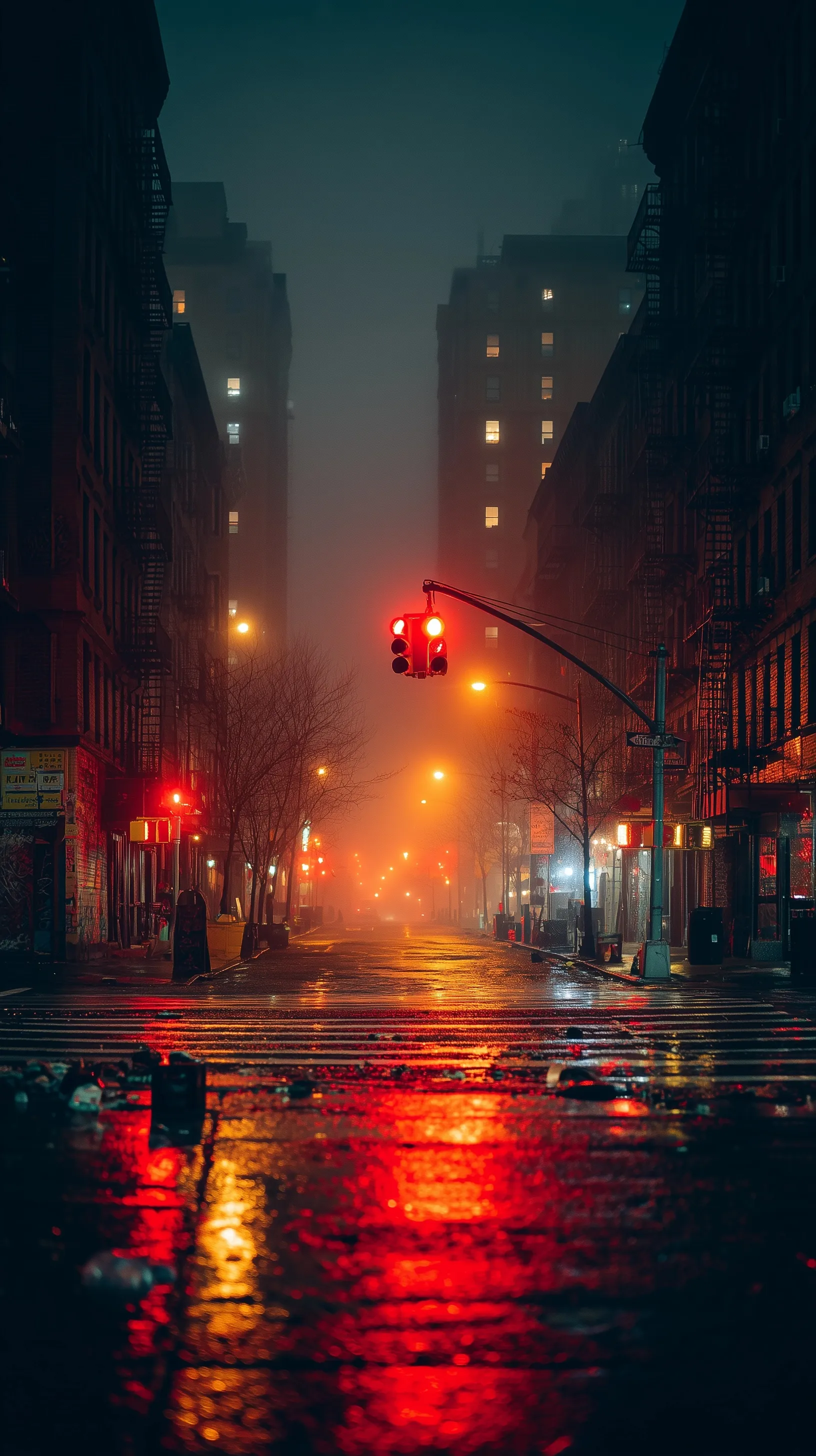 Cinematic wide shot of a moody, rain-slicked New York City street at night with glowing red traffic lights.