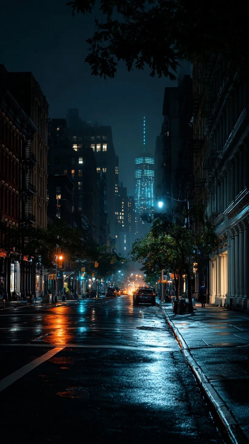 Rainy New York City street view at night with glowing urban lights and reflections on wet pavement.