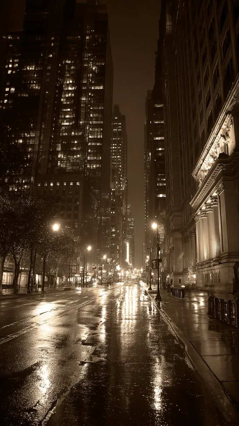 Sepia-toned empty NYC street at night with glass skyscrapers, neoclassical architecture, and rain-slicked pavement.