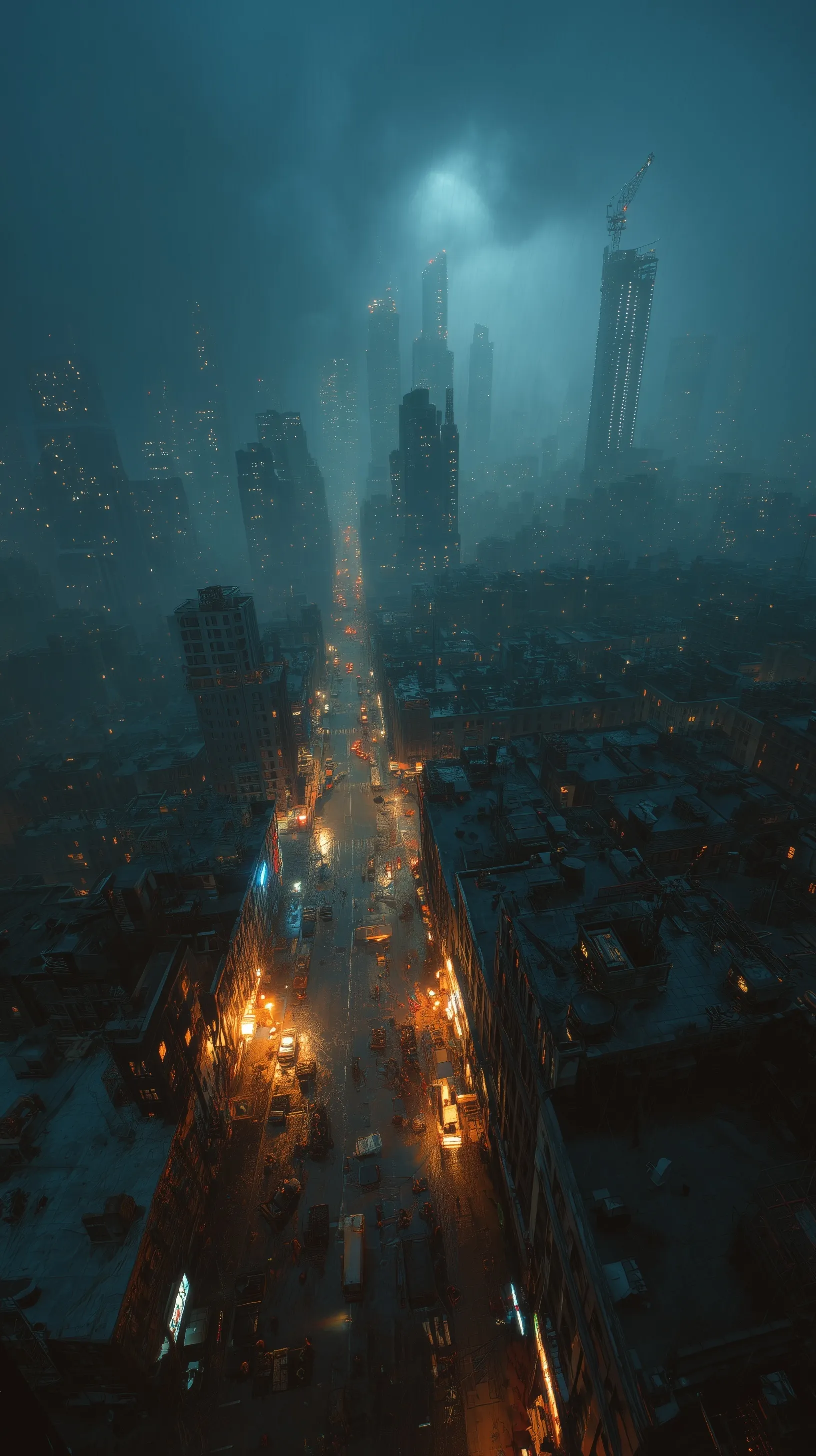 Cinematic night view of rainy NYC streets with glowing skyscrapers and neon reflections in a high-angle composition.