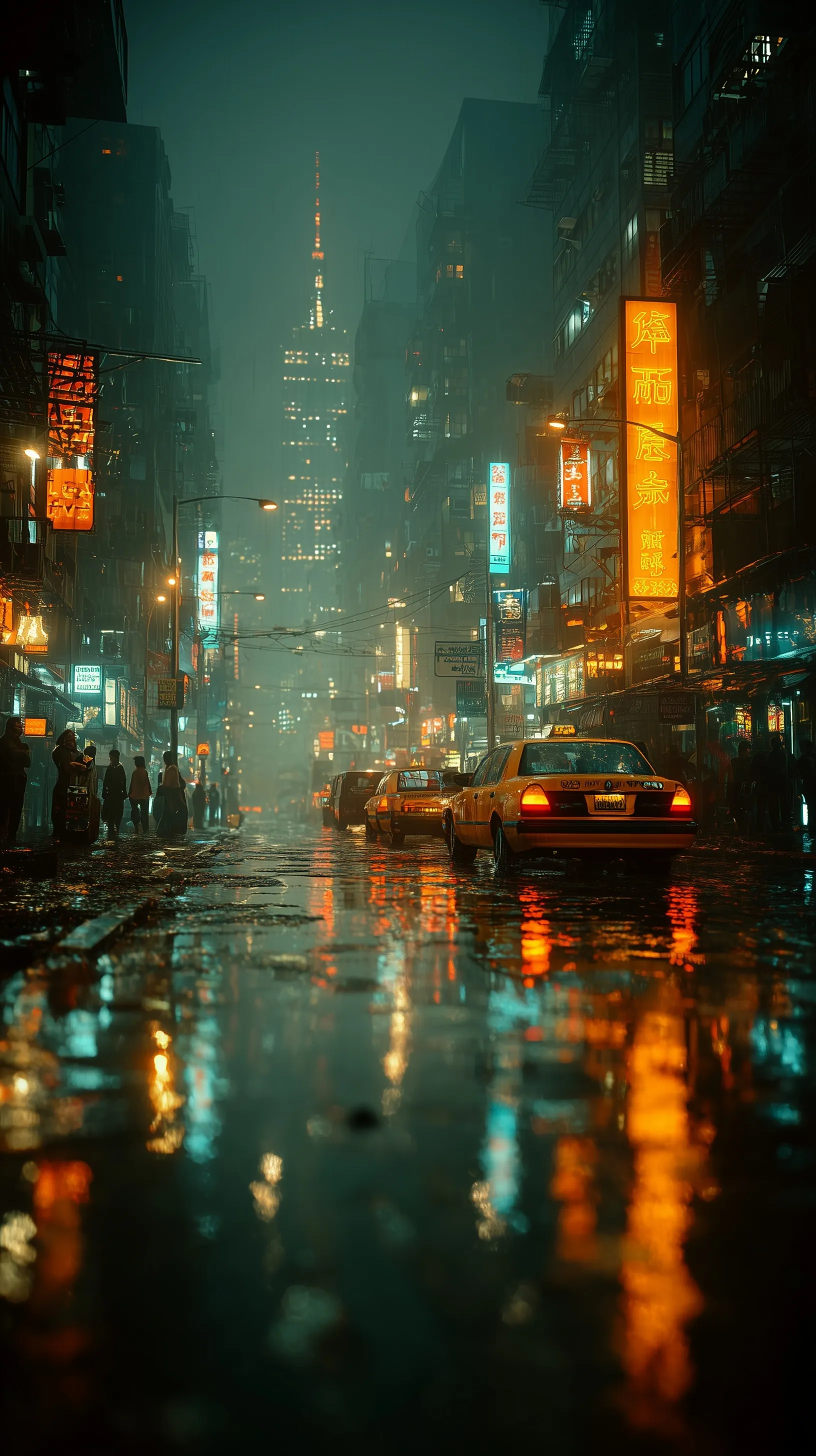 Cinematic rainy NYC night scene with neon lights, wet street reflections, and futuristic floating smartphones.