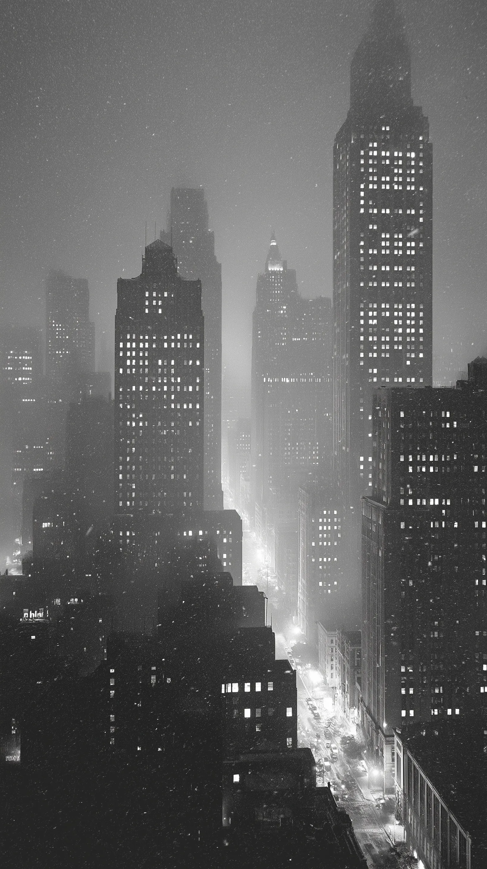 Vintage black and white night cityscape of New York City skyscrapers during a heavy snowstorm.