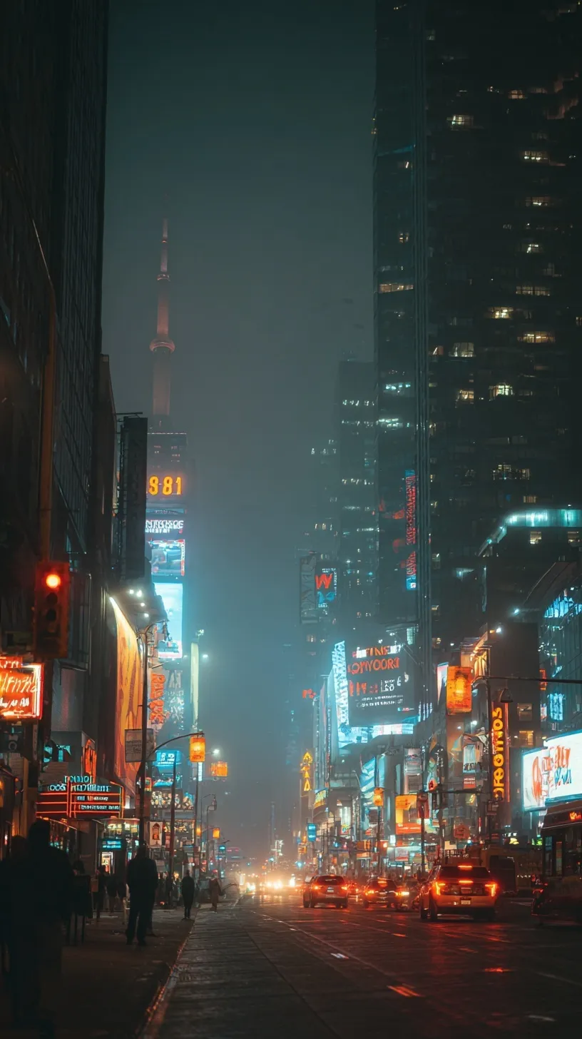 Rainy New York City street at night with glowing lights and reflections, 4k cinematic cityscape wallpaper.