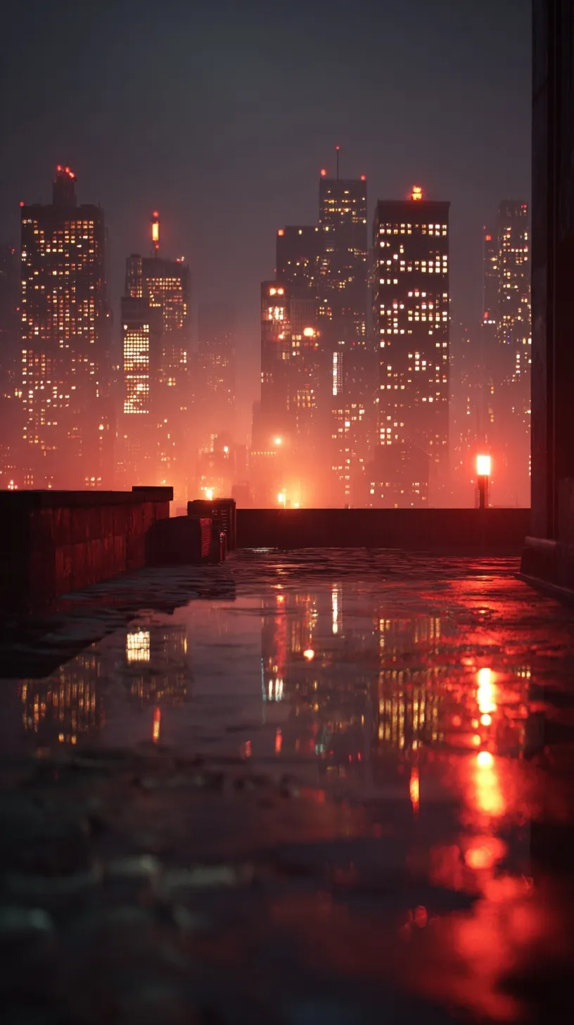 Cinematic rainy NYC rooftop at night with glowing skyscrapers, wet reflective concrete, and moody ambient lighting.