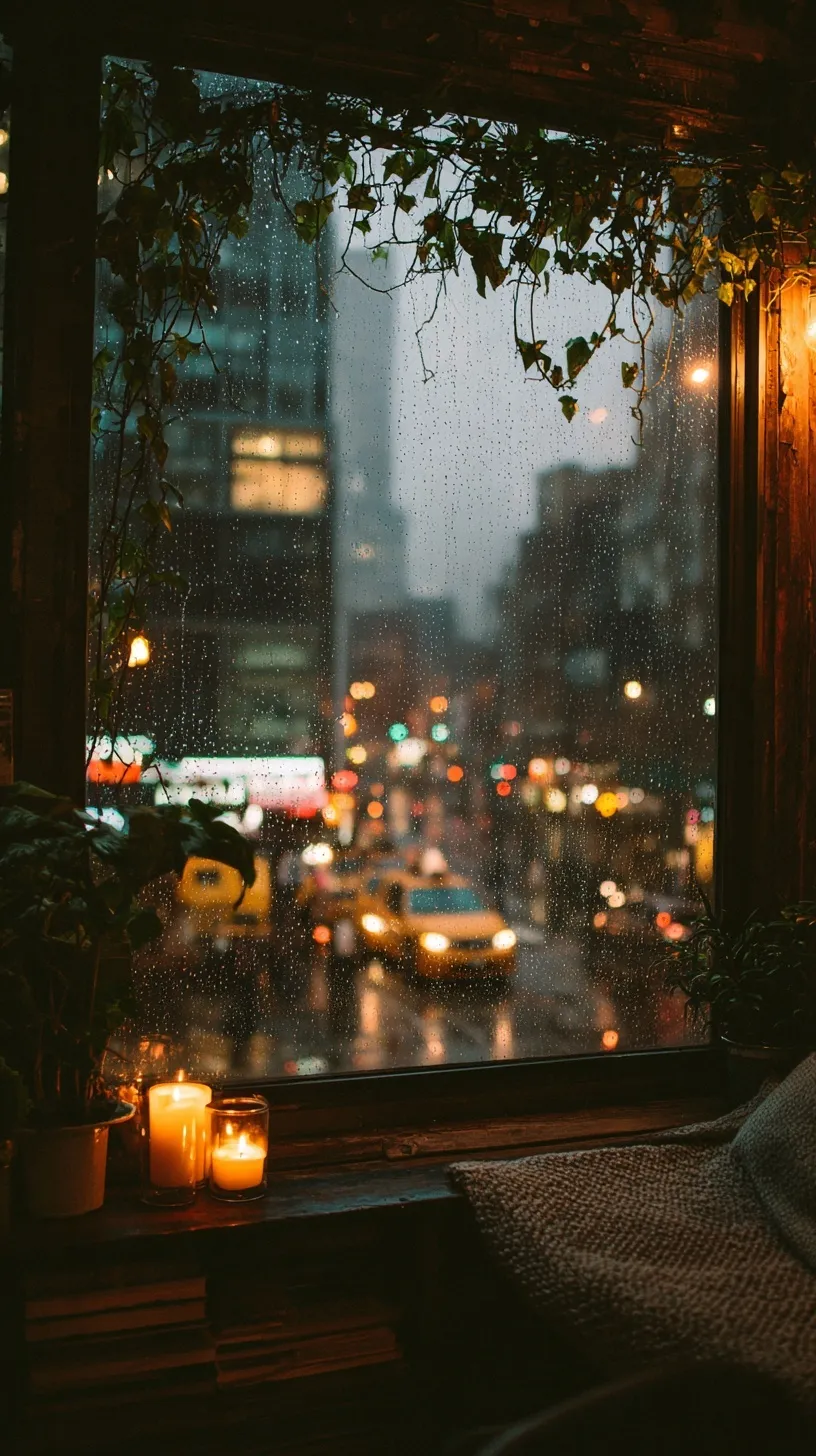 Cozy apartment view of a rainy New York City night with warm candlelight and cool neon street bokeh reflections.