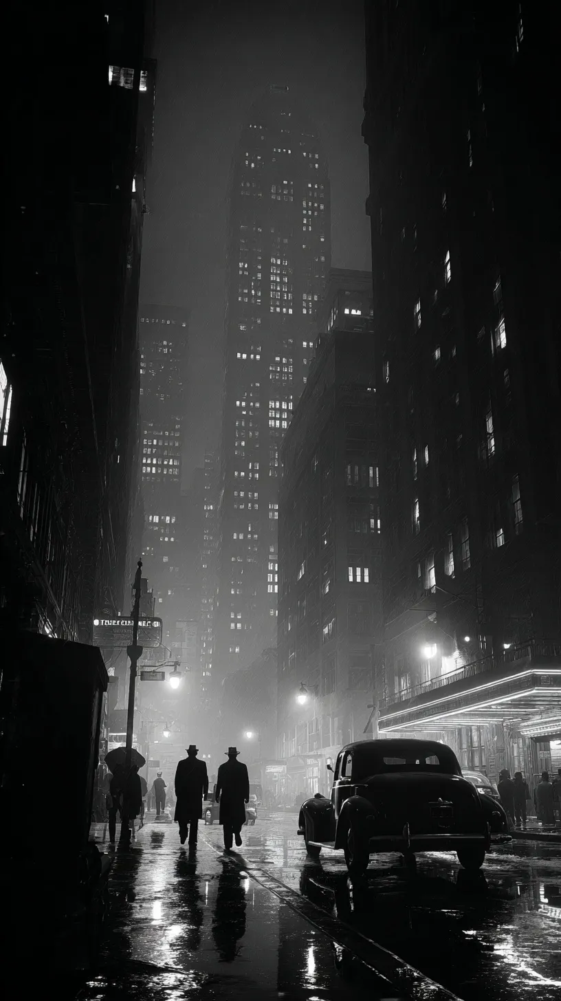 Rainy New York City street view in a cinematic film noir style, perfect for an iPhone 17 Pro wallpaper.