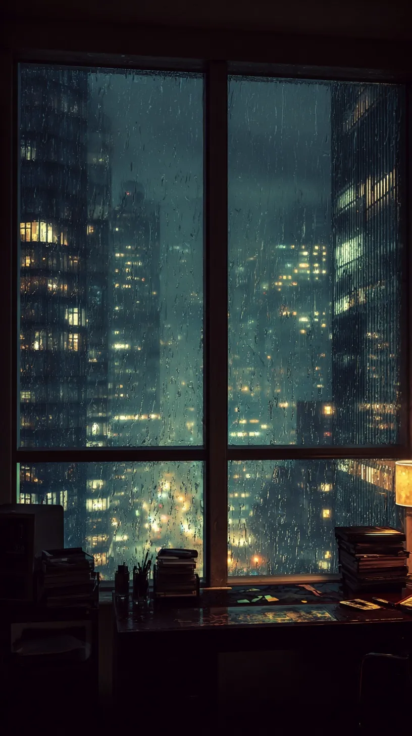 Cinematic night view of rainy New York City skyscrapers from an office window with a melancholic film grain aesthetic.