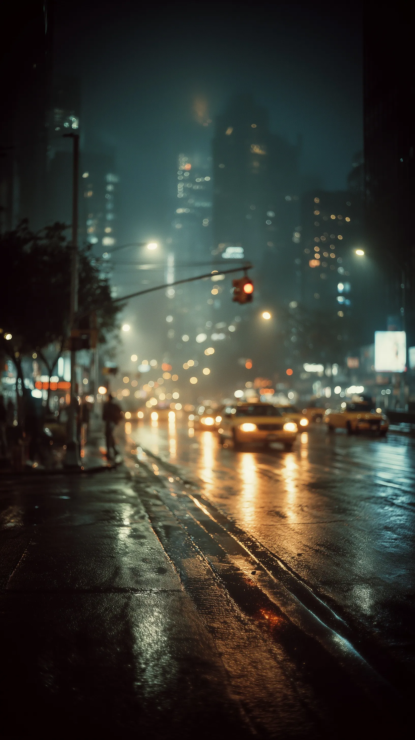 Rainy New York City street at night with neon lights reflecting on wet asphalt, yellow taxis, and blurred pedestrians.
