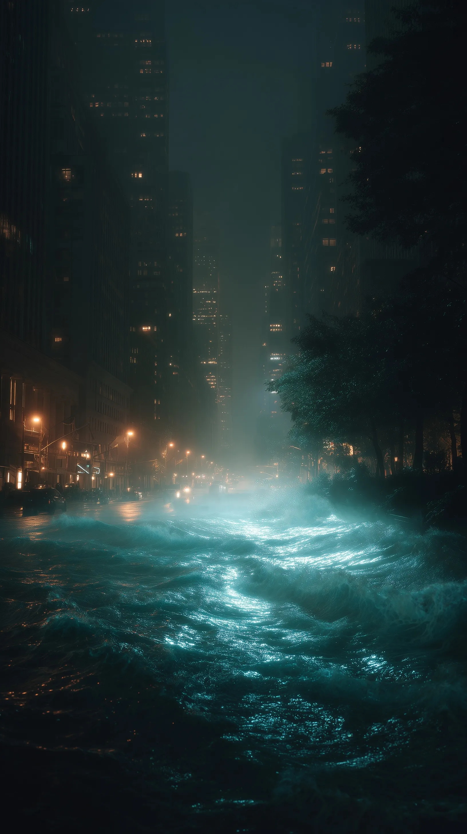 Bioluminescent ocean waves flooding New York City streets in a surreal, neon-lit cyberpunk cityscape at night.