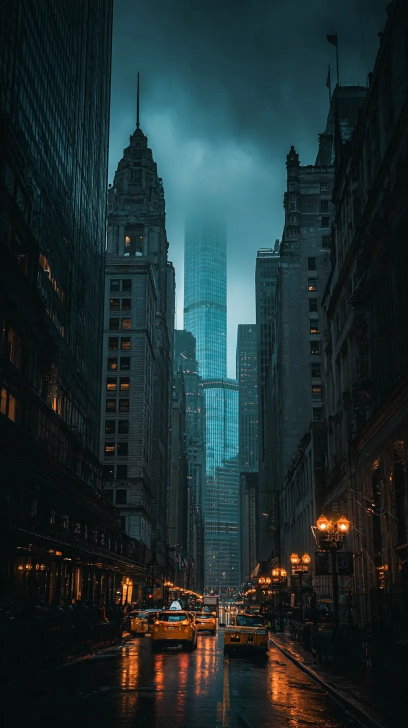 Rainy New York City skyline in dark blue tones, street photography style for iPhone wallpaper.