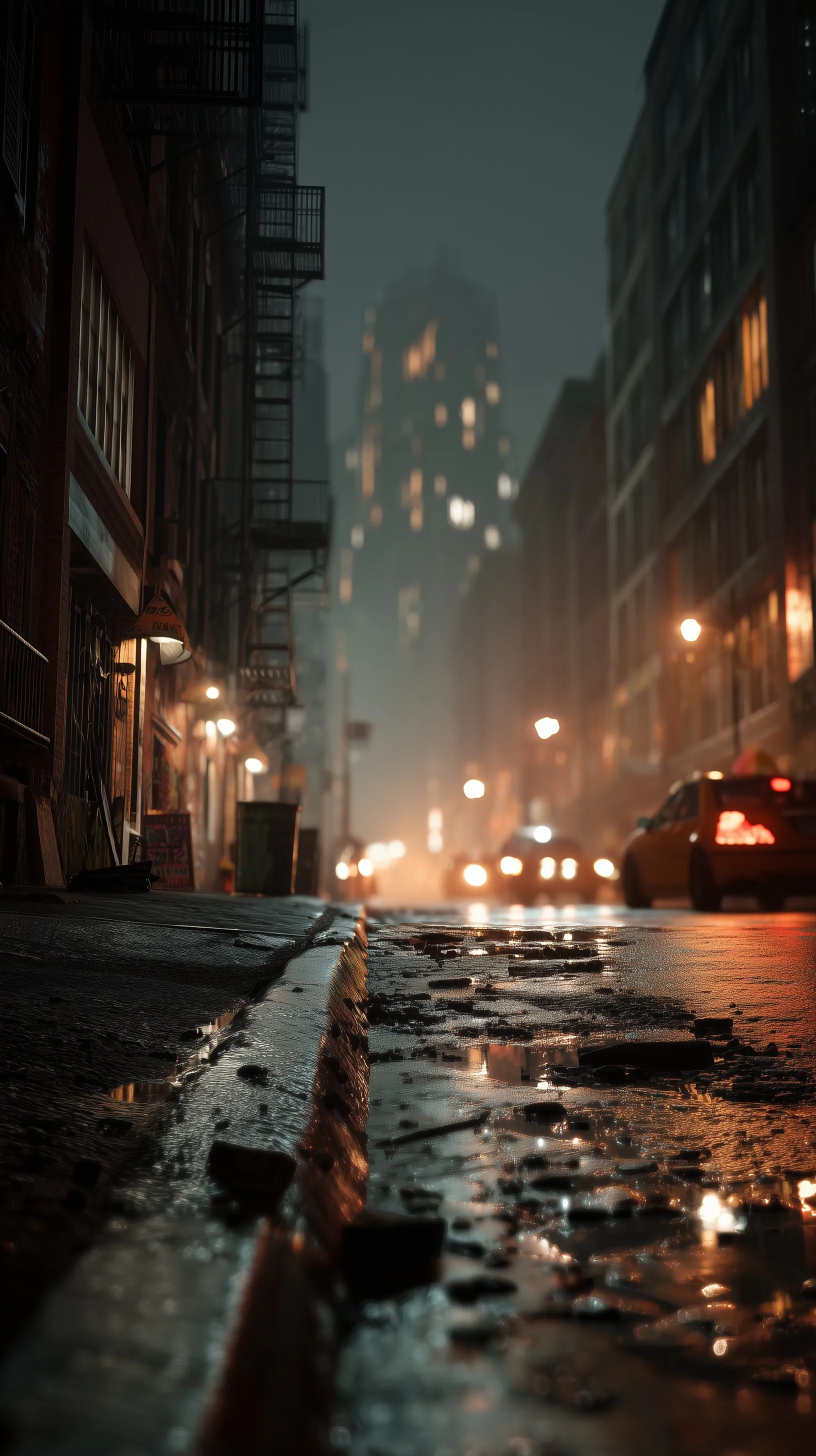 Cinematic night view of a rainy New York City street in the projects, perfect for iPhone 17 Pro wallpaper.