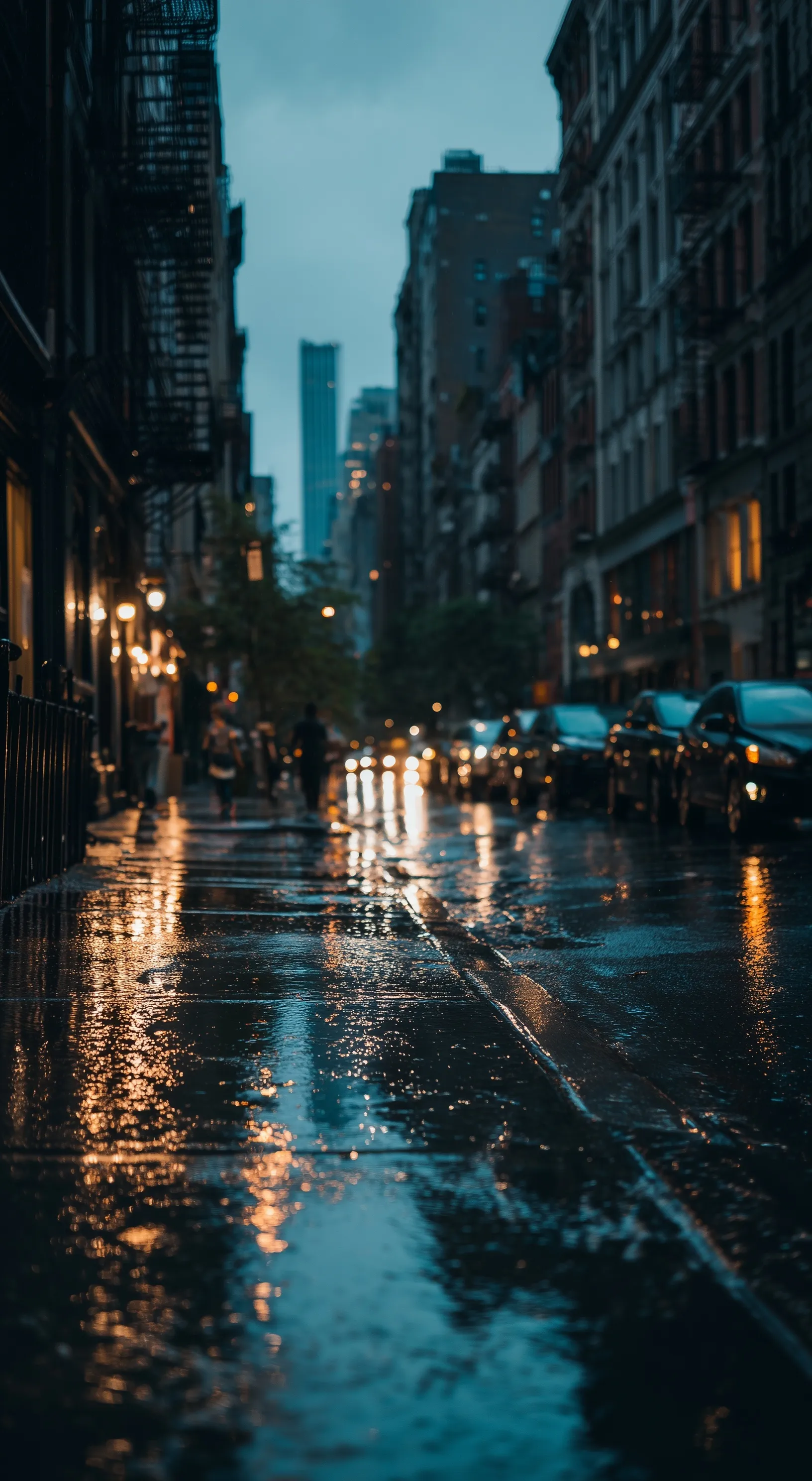 A hyper-realistic rainy NYC street at dusk with blurred city traffic, pedestrians, and cozy cinematic lighting.