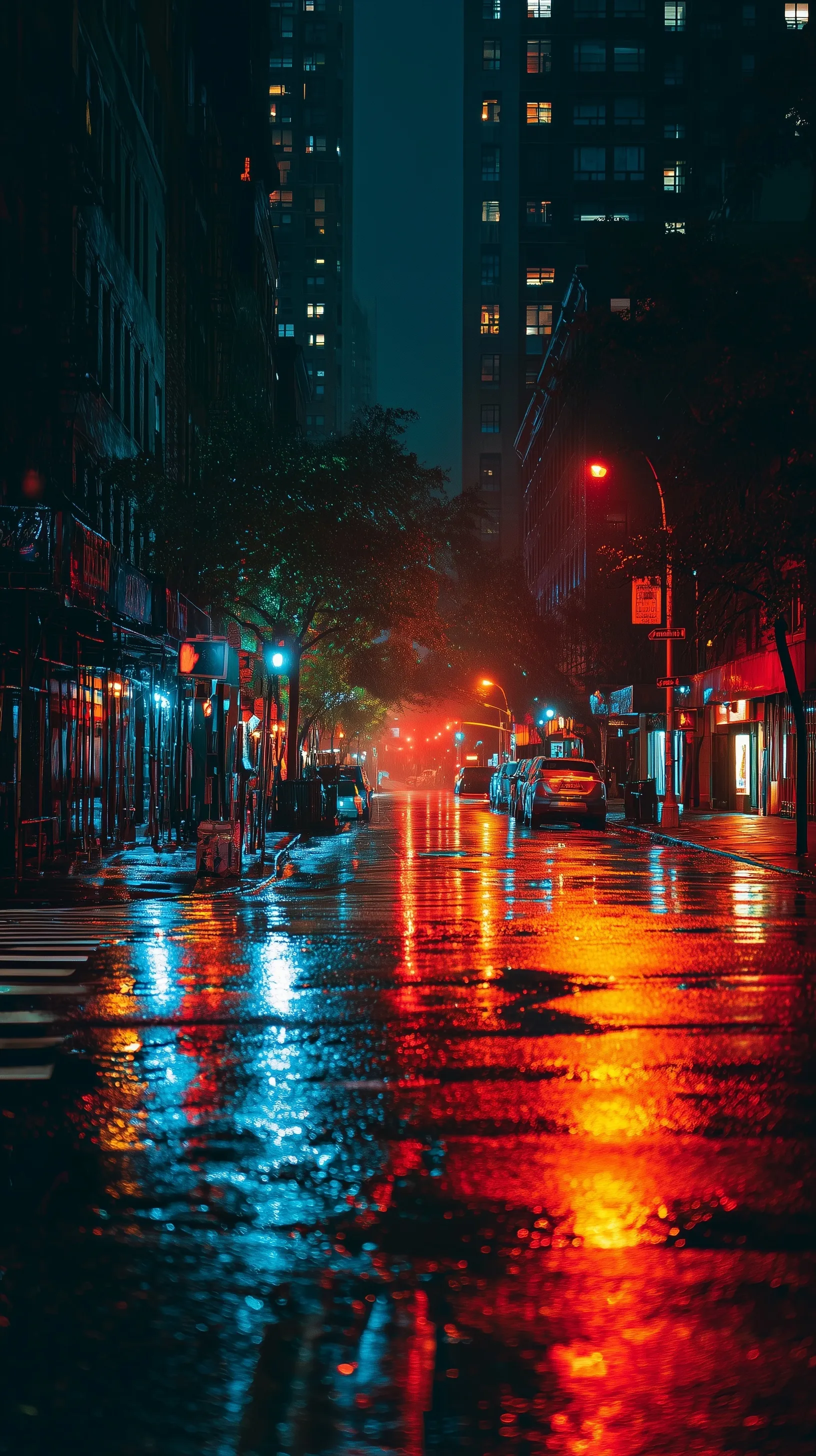 Rainy New York City street at night with neon lights reflecting on wet asphalt in a cinematic, moody atmosphere.