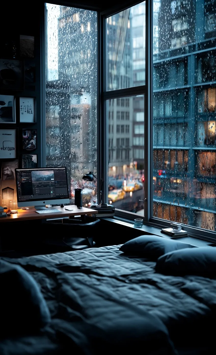 Moody rainy night in a NYC bedroom with city skyline views through floor-to-ceiling windows and an open laptop.