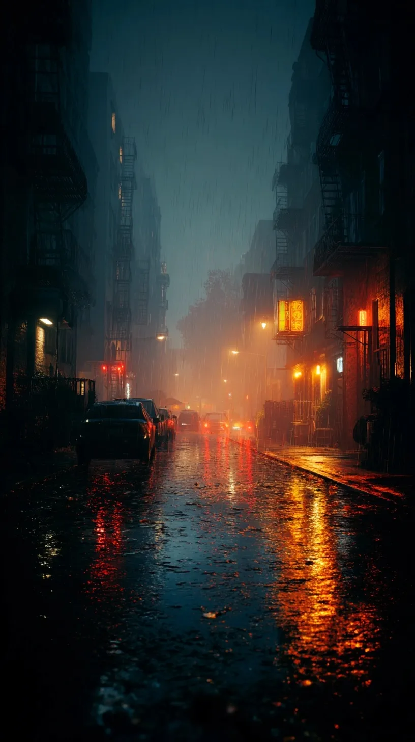 Heavy rain falling on a dimly lit New York City street, perfect for an iPhone 17 Pro cinematic wallpaper.