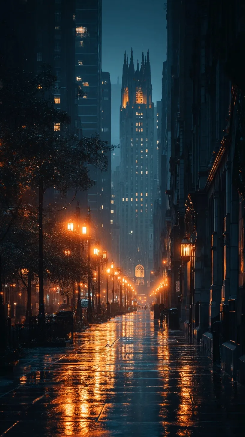 Moody cinematic night view of a rainy New York City street with glowing skyscrapers and reflective wet pavement.