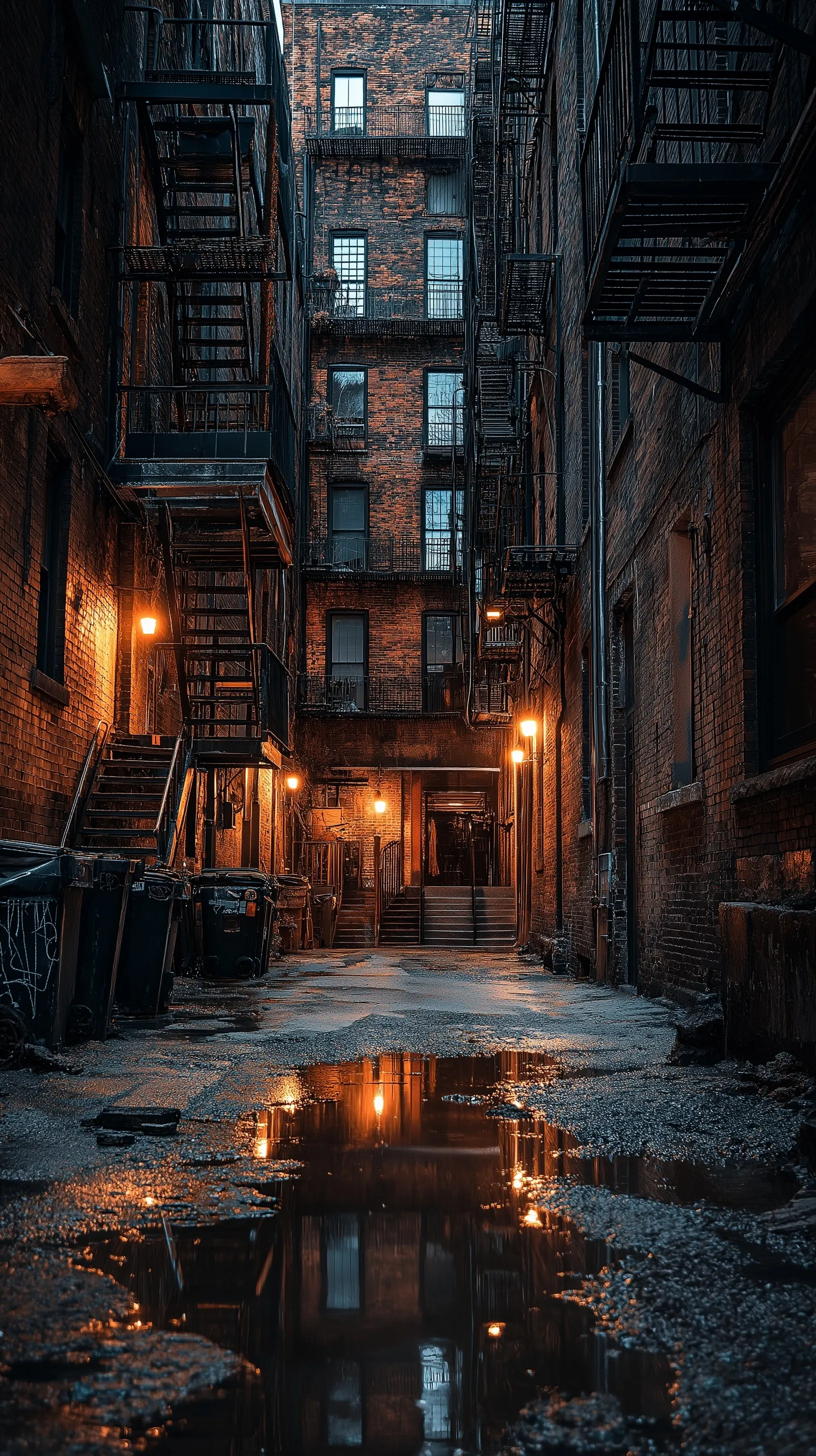 Gritty rain-slicked alleyway in New York City with urban architecture, perfect for iPhone 17 Pro wallpaper.