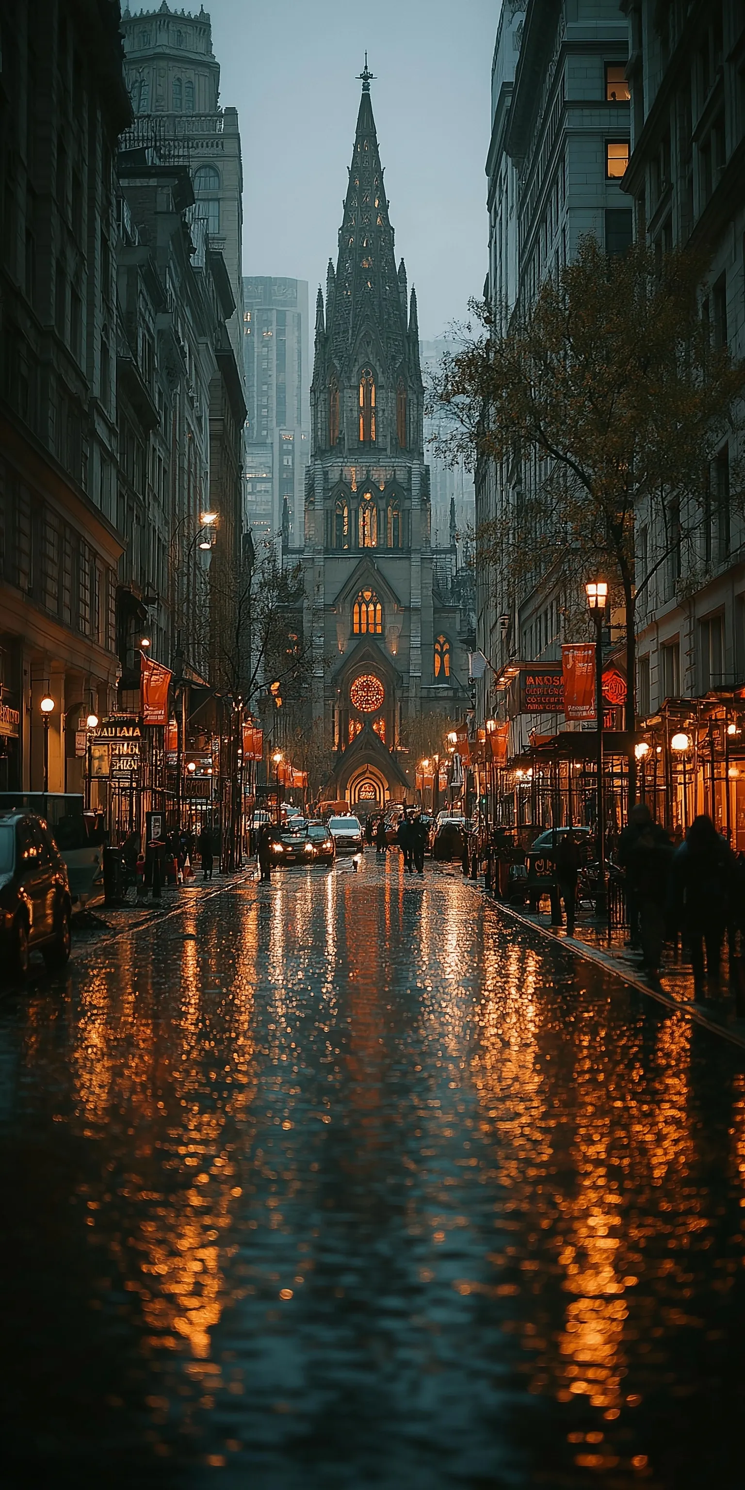 Rainy Wall Street in New York City with wet pavement reflecting city lights, perfect for iPhone wallpaper.