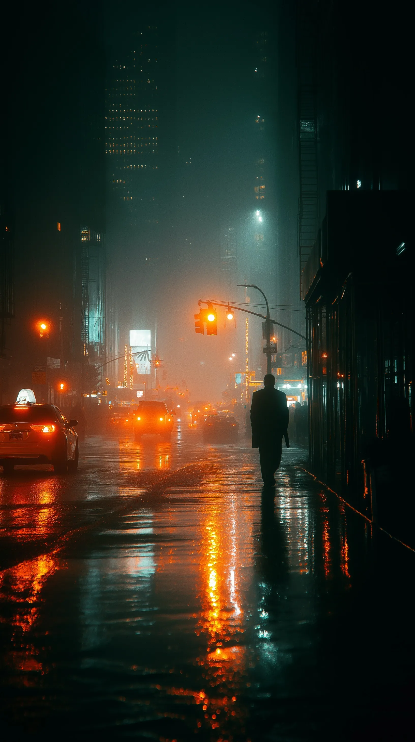 A mysterious spy walking down a rainy, reflective New York City street at night, cinematic urban atmosphere.