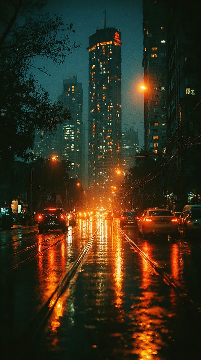 Cinematic shot of rainy New York City streets with neon reflections, captured in a movie still style.