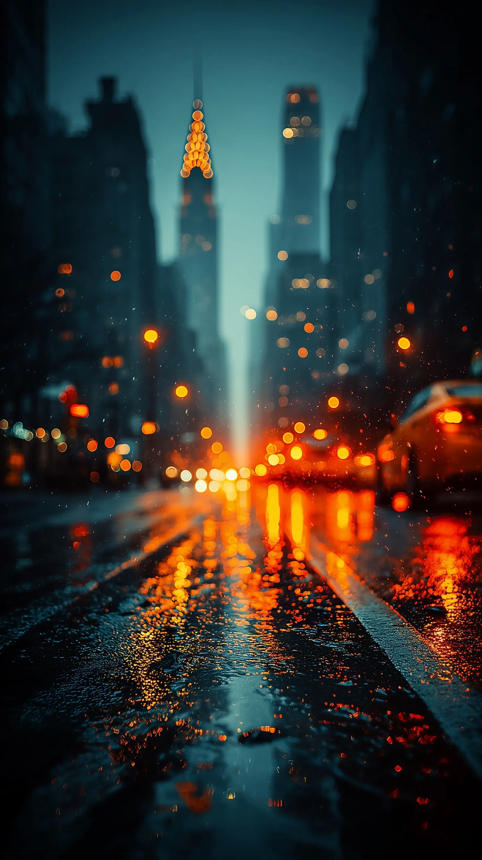 Artistic rainy New York City street with cinematic bokeh and soft lighting, captured in high-resolution detail.