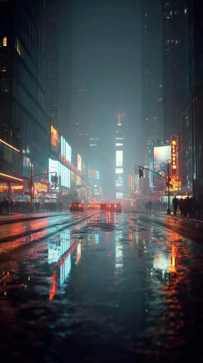 Cinematic night cityscape of rainy New York City with glowing neon reflections on wet streets and atmospheric fog.