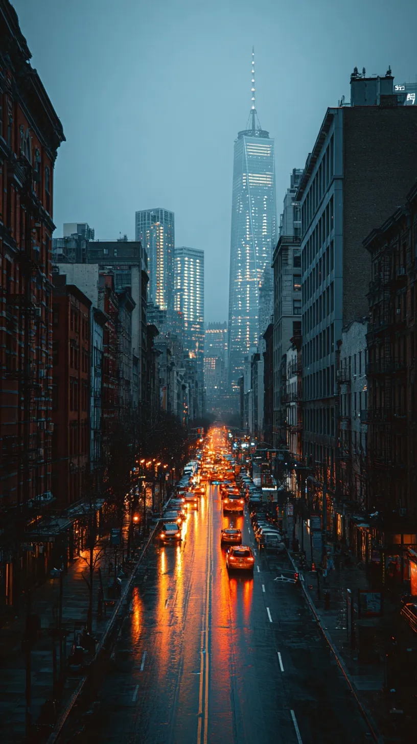 Rainy New York City street view reflecting city lights, perfect as an aesthetic iPhone 17 Pro wallpaper.