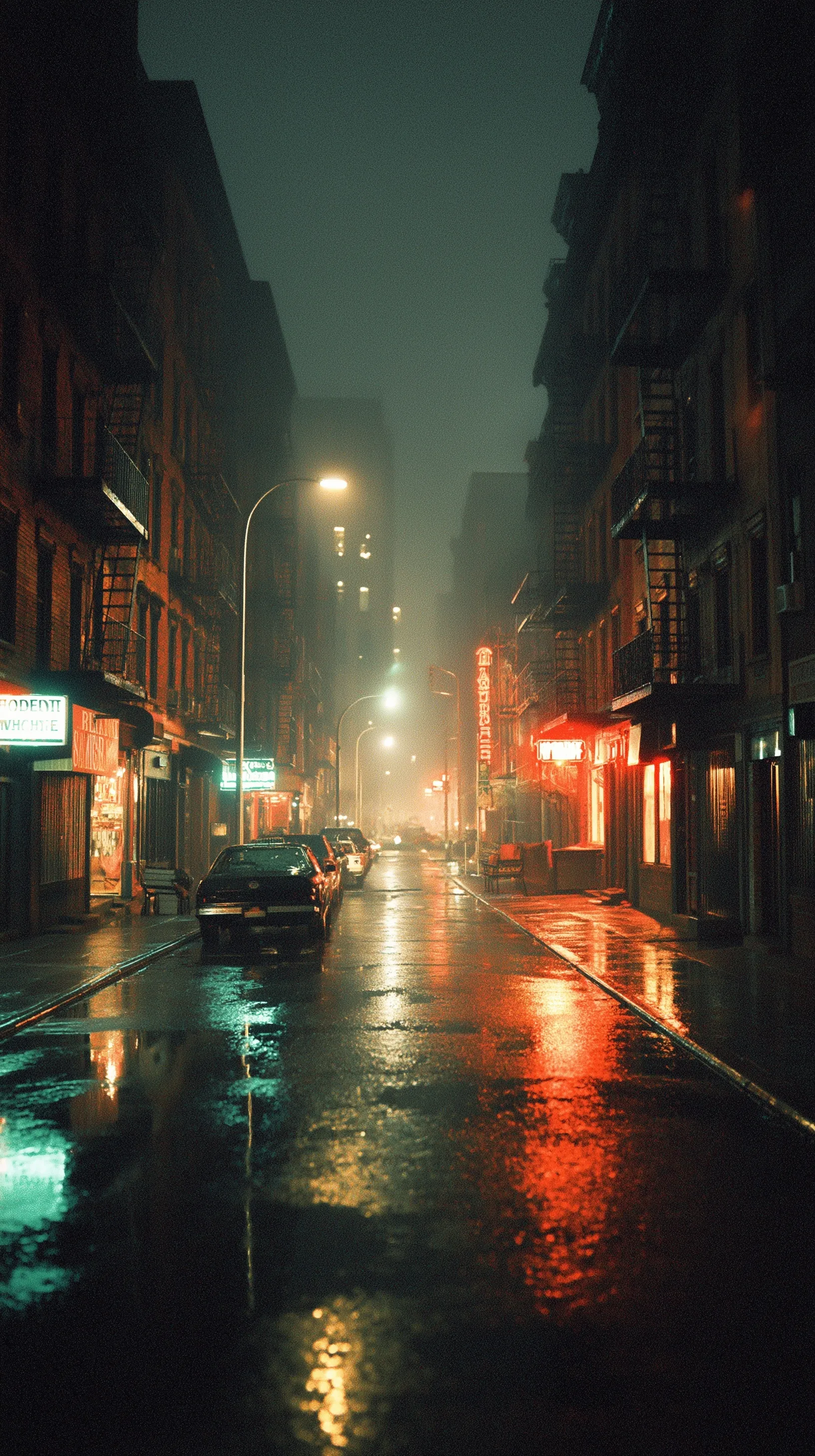 Rainy 1990s New York City street at night with wet asphalt reflections, neon signs, and cinematic moody atmosphere.