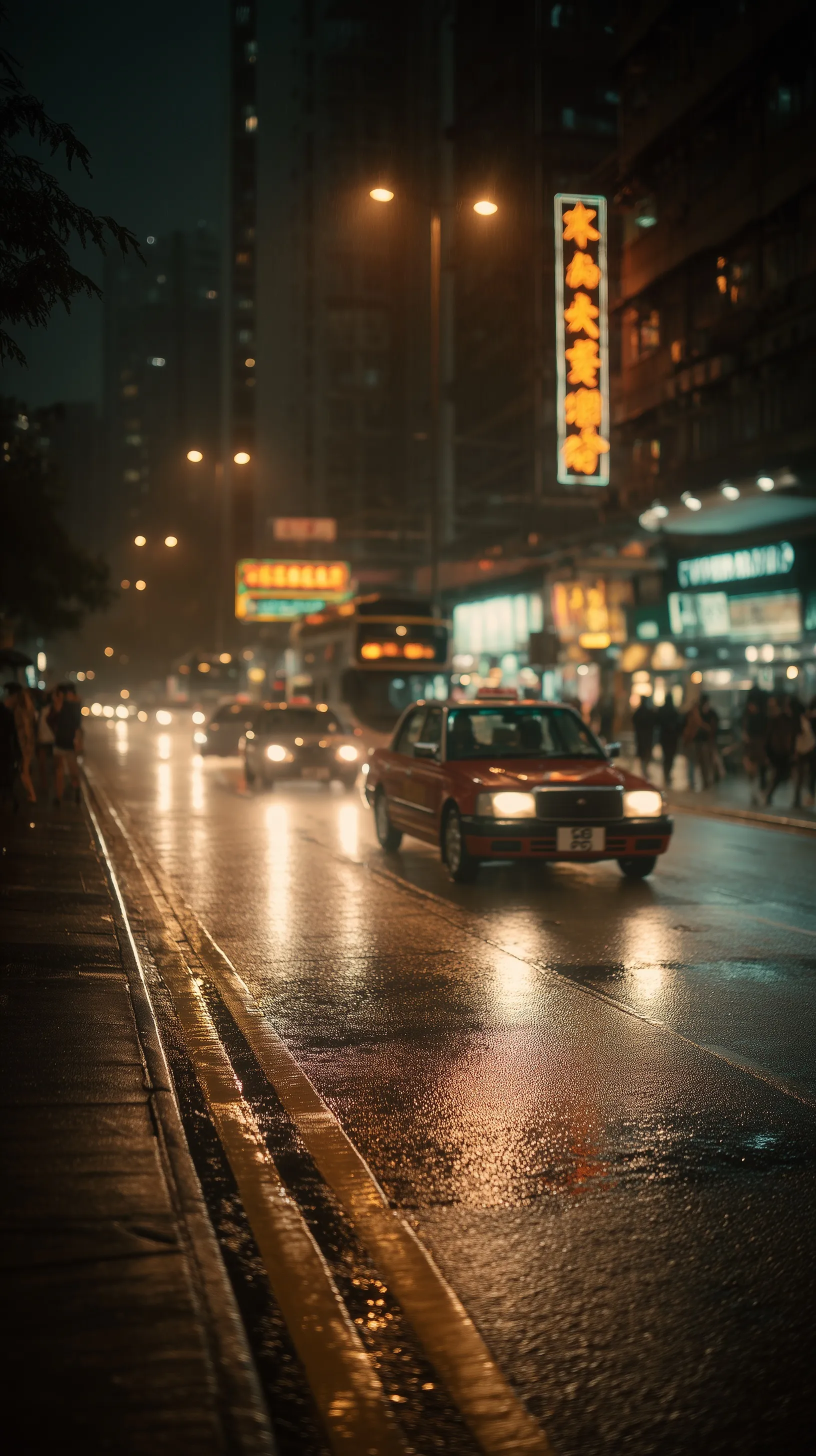 Wet Hong Kong street at night with glowing neon lights, motion blur, and cinematic reflections on rainy pavement.
