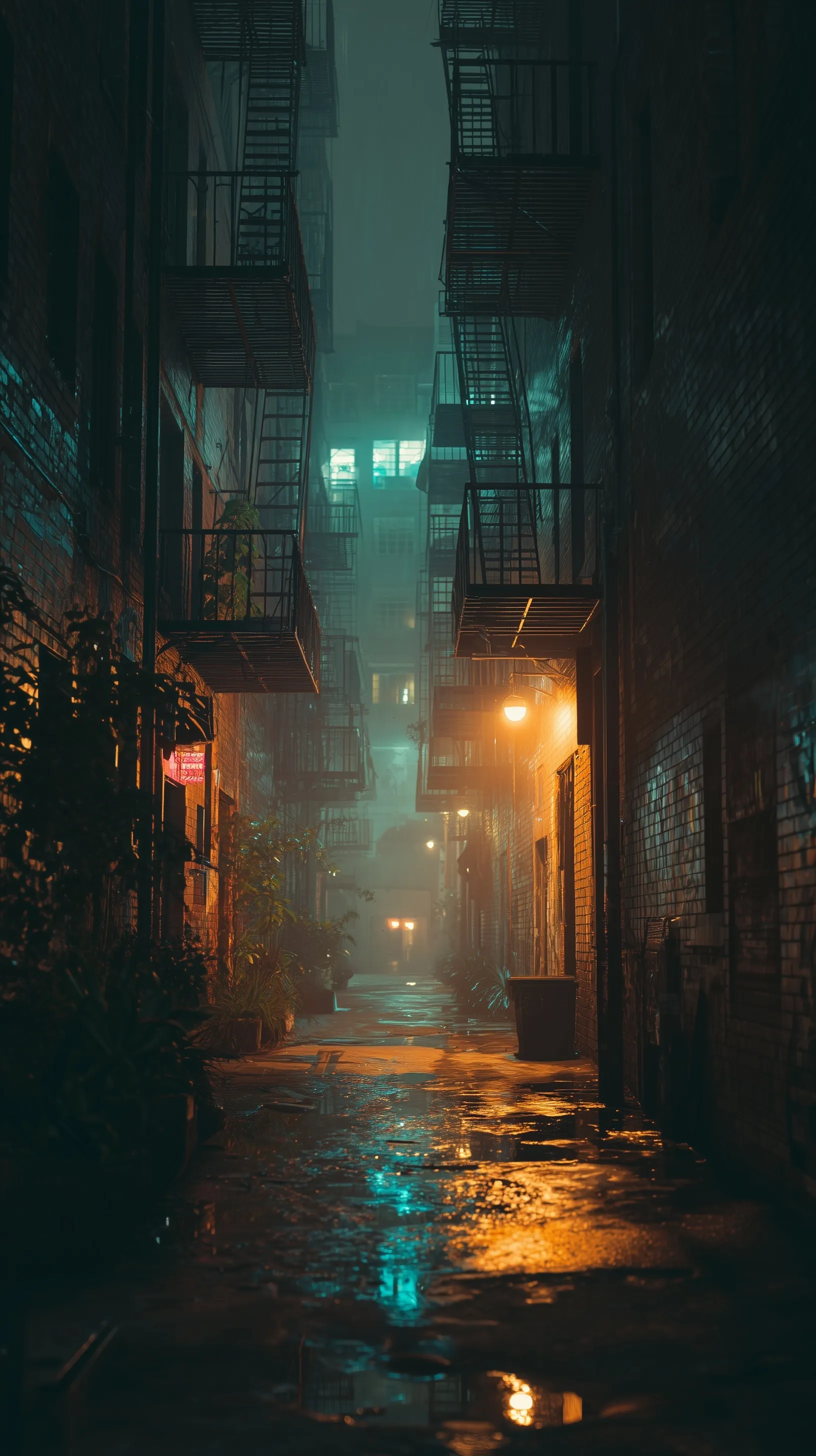 Cinematic rainy Los Angeles alleyway with neon lights, graffiti, and puddle reflections at golden hour.