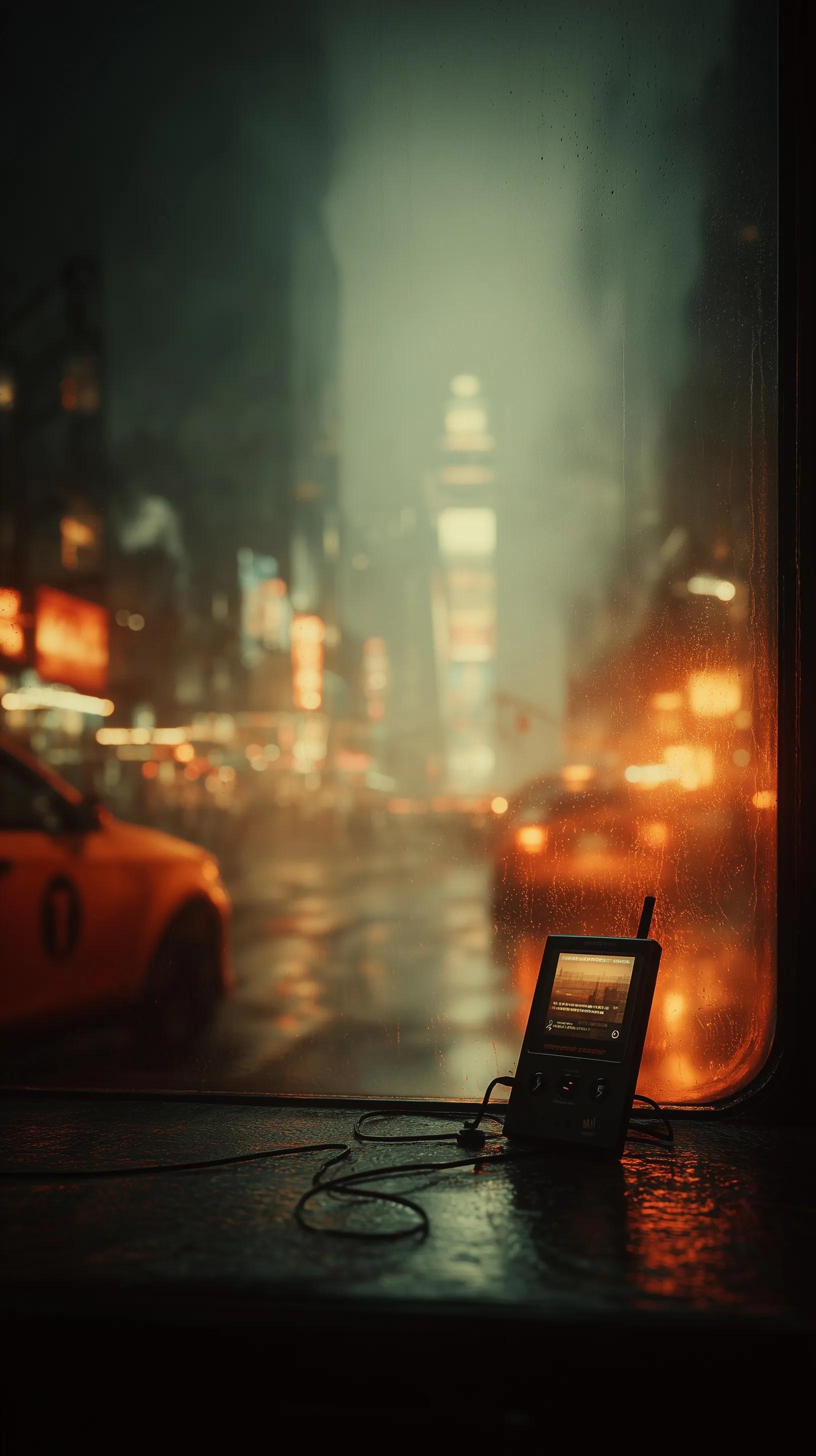 Macro shot of a portable music player reflecting neon orange city lights on a rainy New York City street at night.