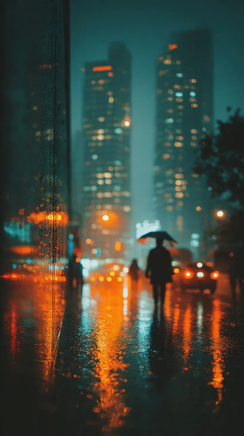 A lonely silhouette with an umbrella walks down a rainy New York City street at night with glowing neon reflections.