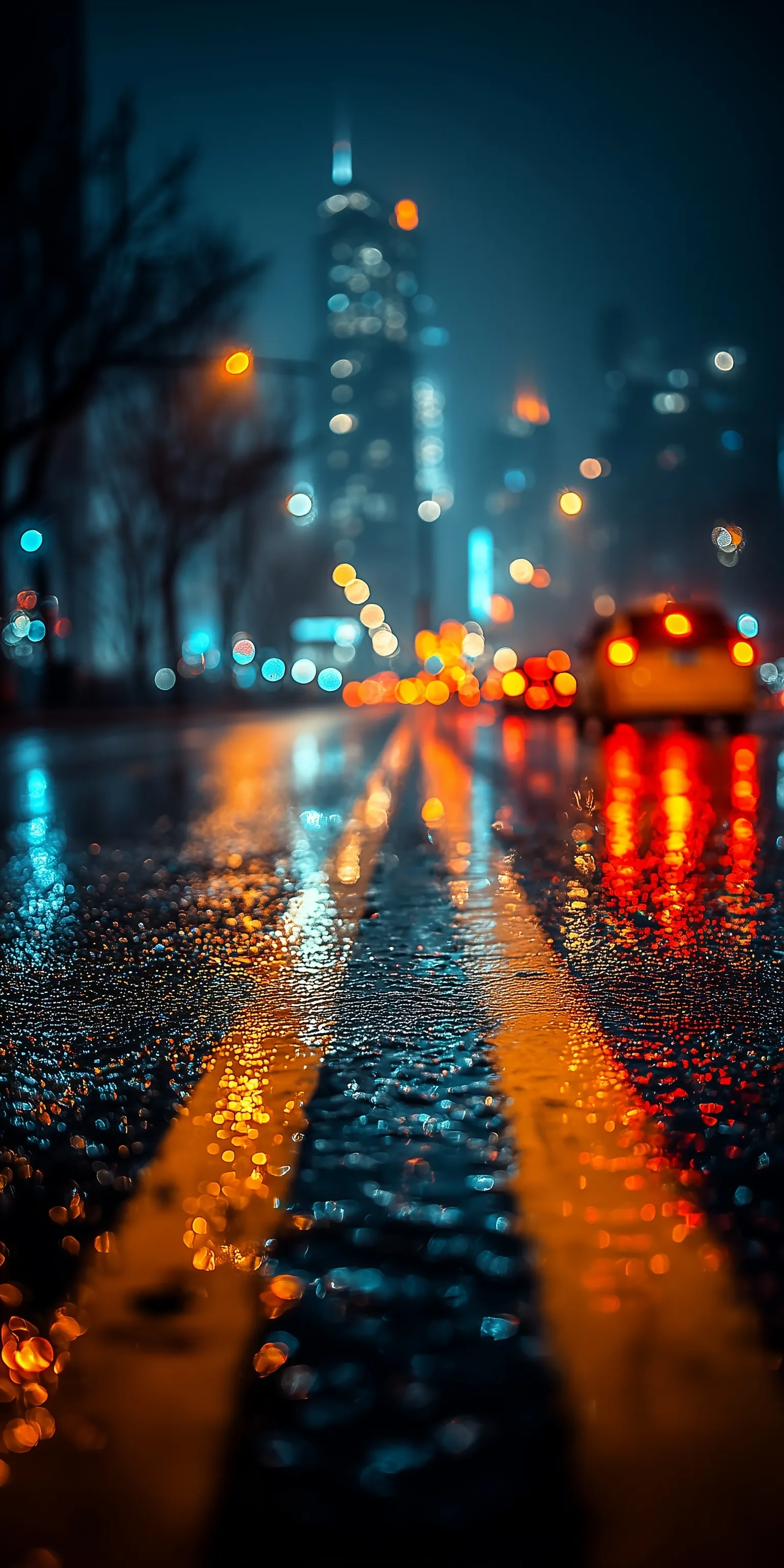 A rainy night in New York City with neon lights reflecting on wet streets, 4K resolution phone wallpaper.