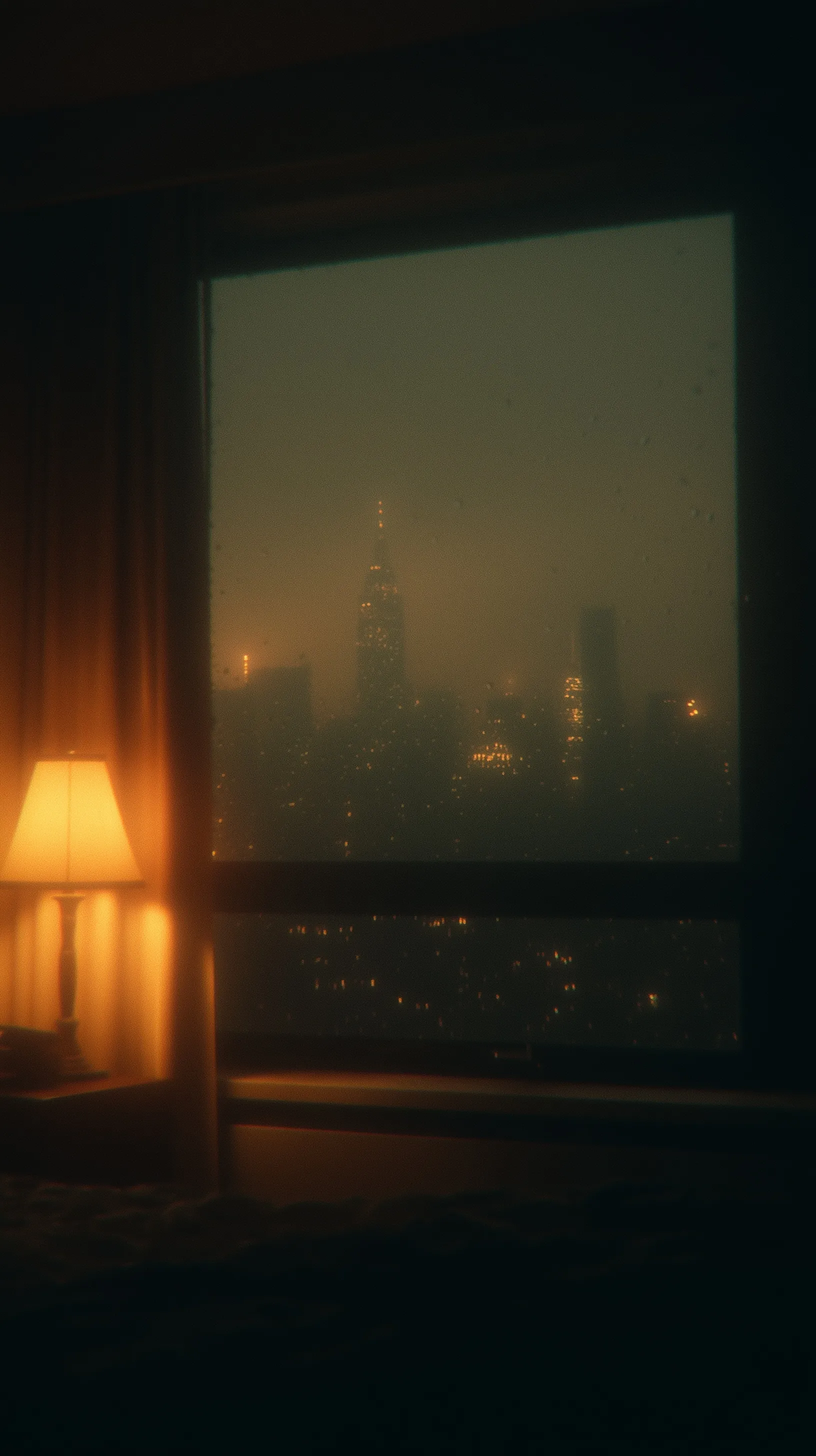 View from an NYC apartment bedroom window at night, rainy city skyline with warm lamp lighting and cinematic mood.