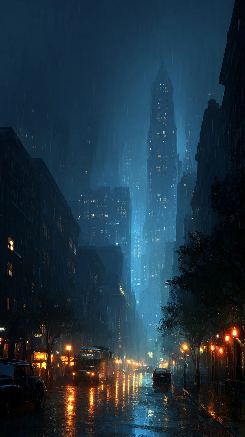 A cinematic view of a violent rainstorm at night in New York City with glowing skyscrapers and streetlights.