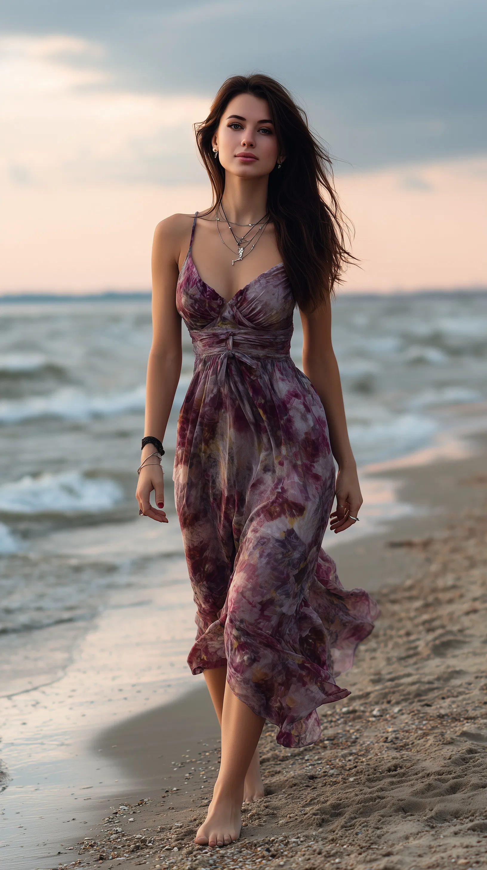 A 25-year-old woman in a floral maxi dress walking barefoot on a sandy beach at sunrise.