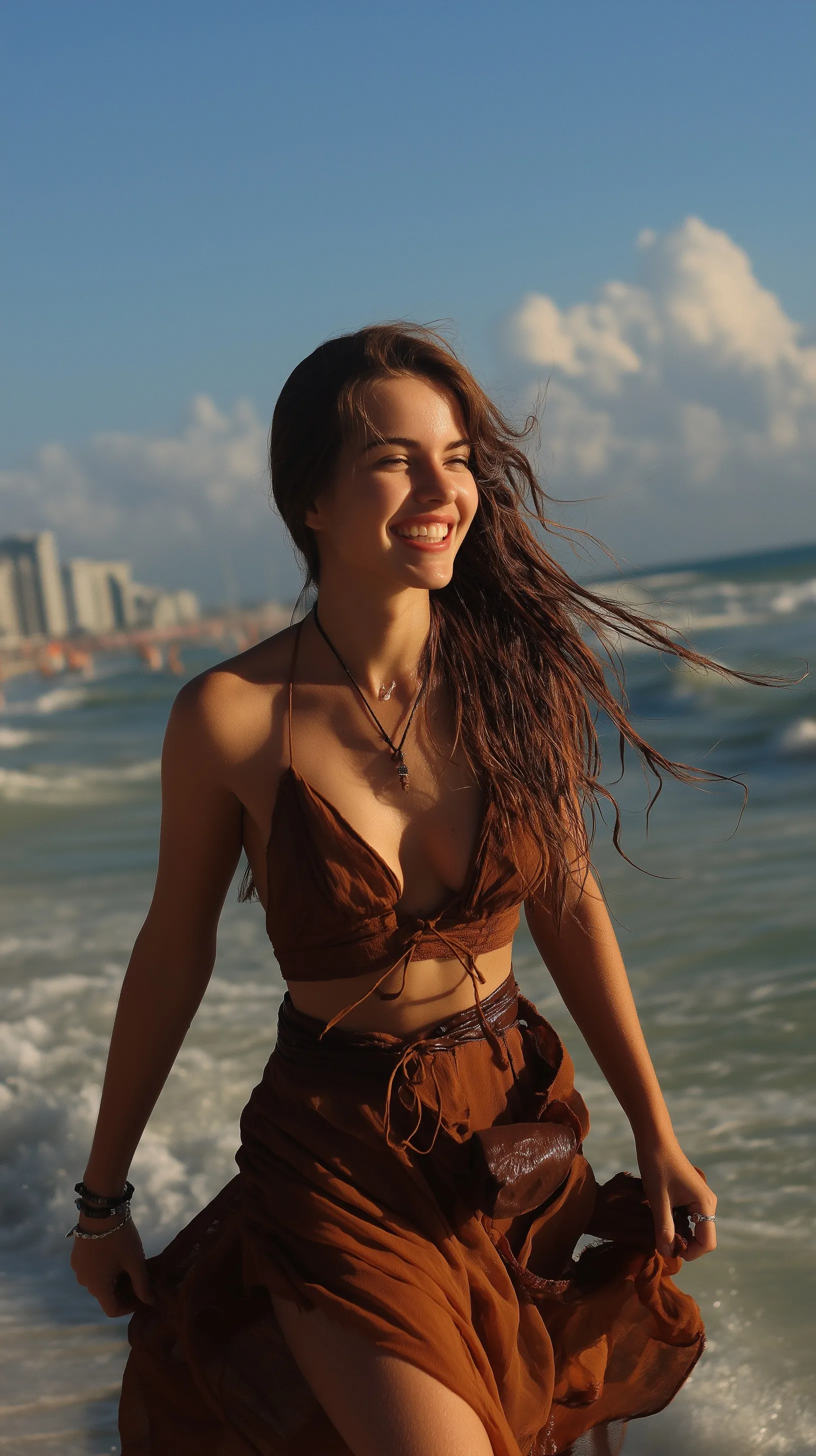Real girl walking along the sandy beach, captured in high resolution for Samsung Galaxy S series mobile wallpaper.