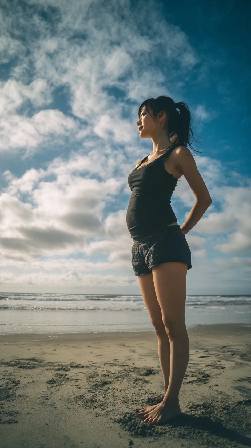 Pregnant woman smiling on a sunny beach, captured in high-resolution photography suitable for mobile wallpapers.