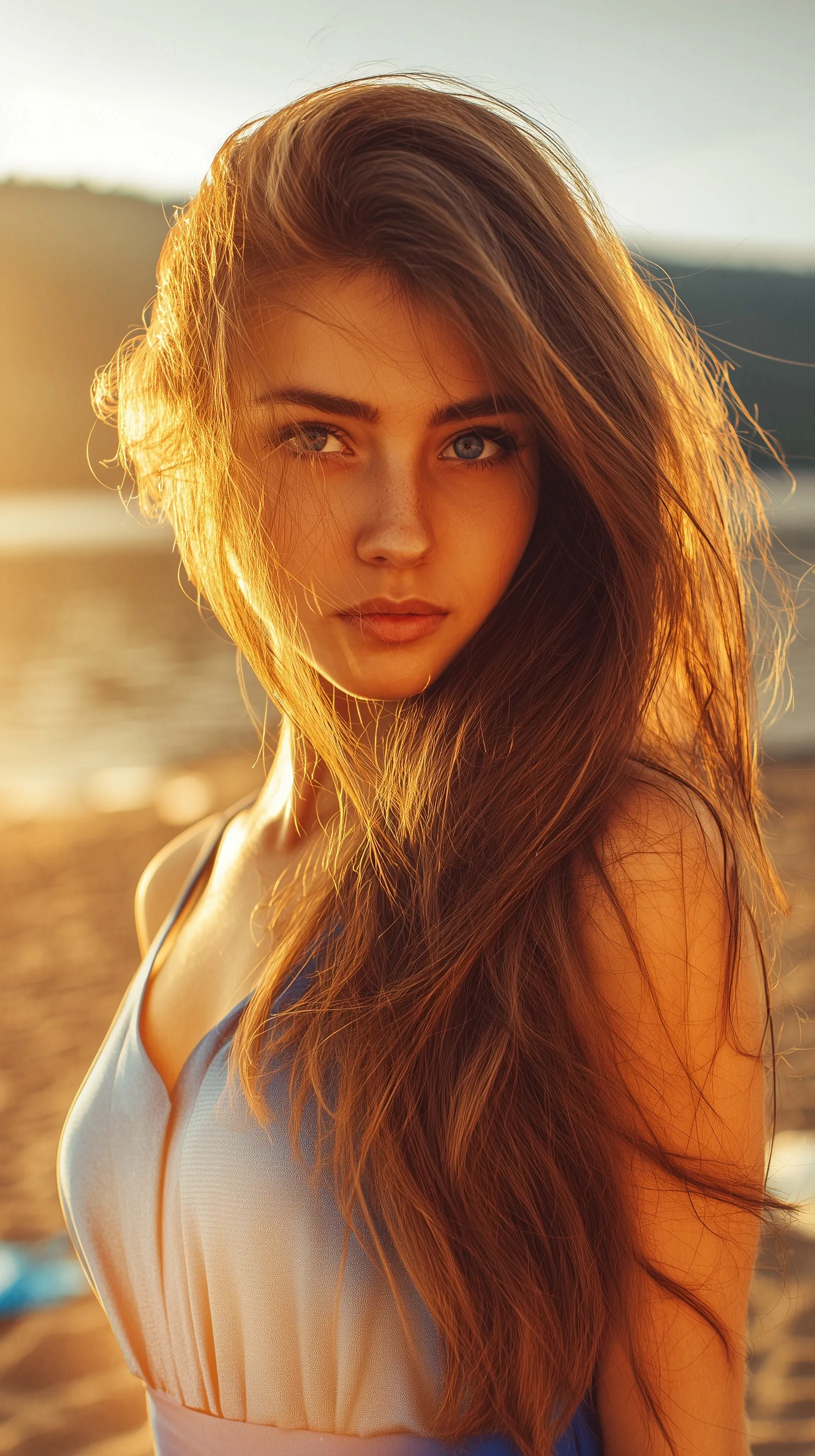 A 25-year-old woman in a blue dress standing on a sandy beach during a golden hour sunset, cinematic film style.