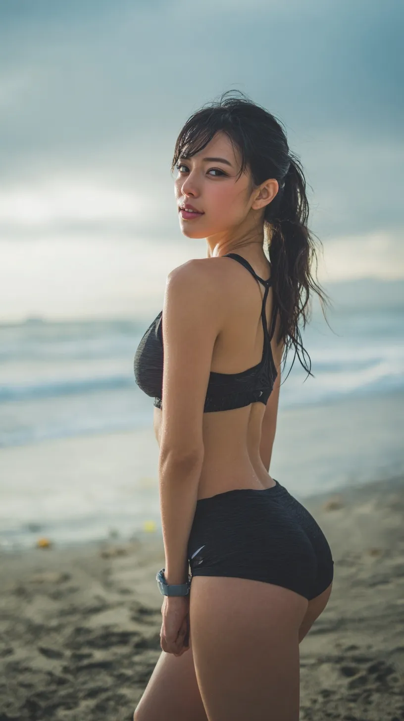 A young, fit Asian woman standing on a sunny beach, perfect for high-resolution mobile wallpaper.