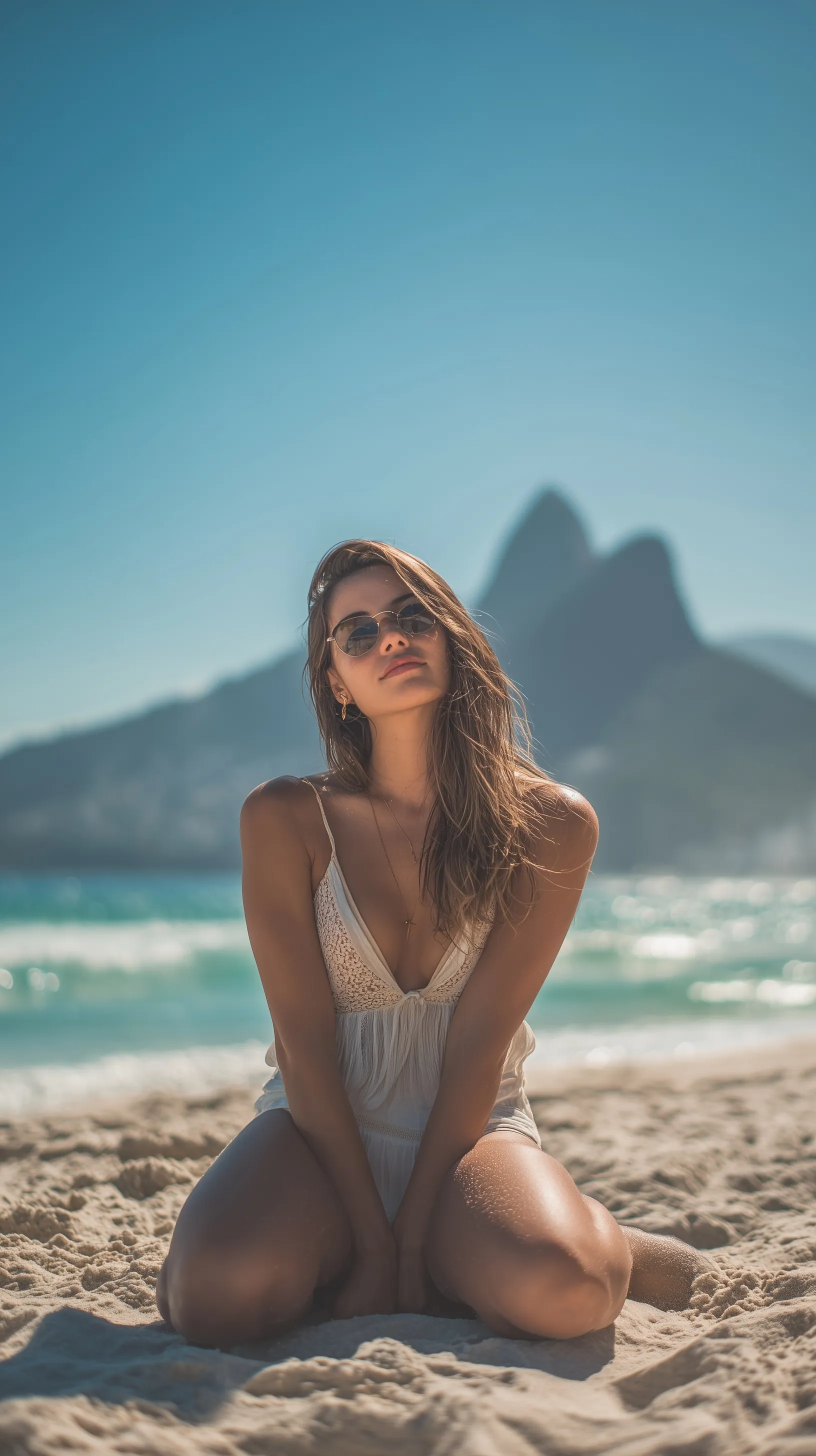 A natural portrait of a woman sitting on Ipanema Beach with Sugarloaf Mountain in the background.